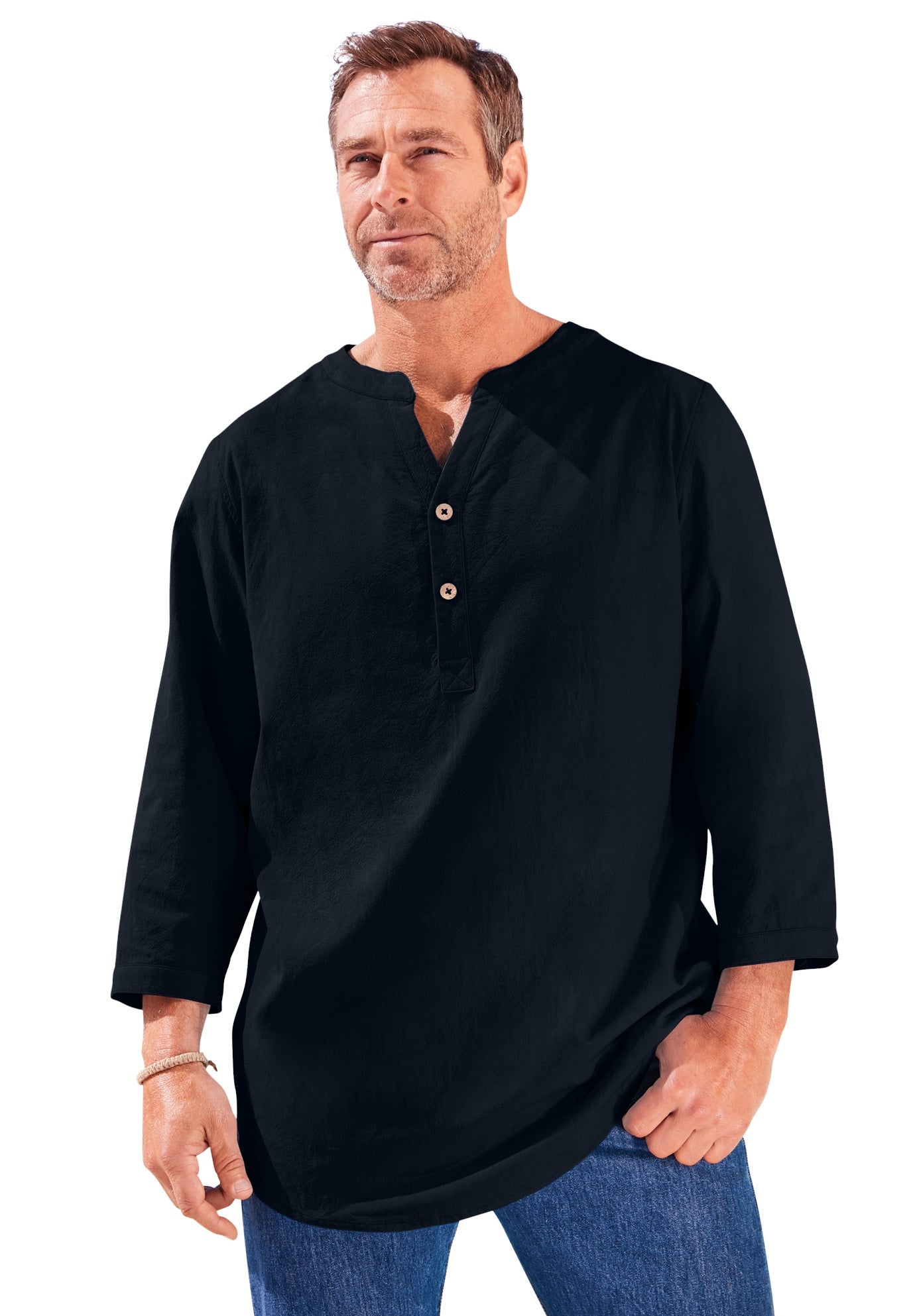 Gauze Mandarin Collar 3/4 Sleeve Shirt image number 0