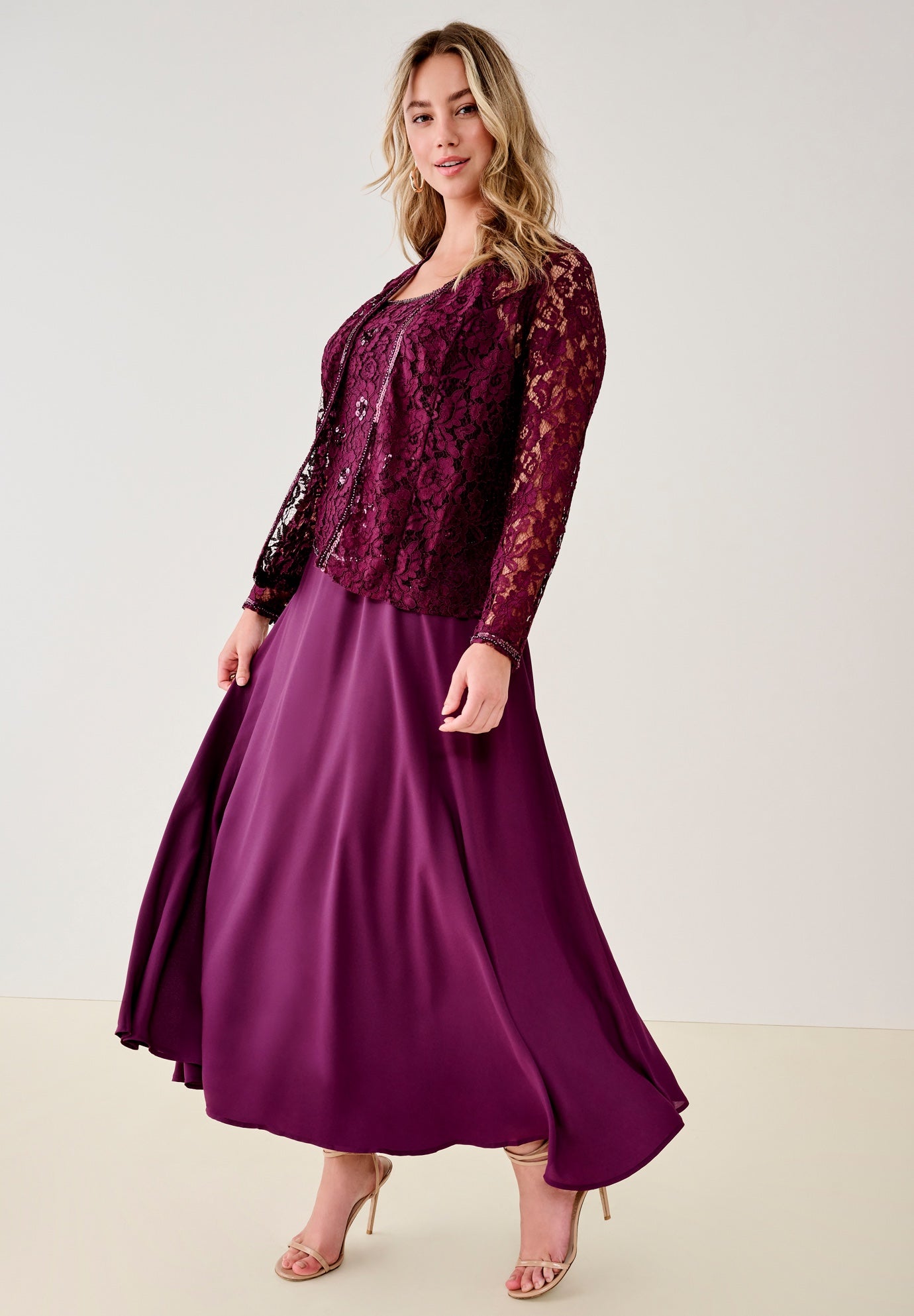 Plus-Size 2 Piece Long Sleeve Embellished Lace Jacket and Full Gown image number 2