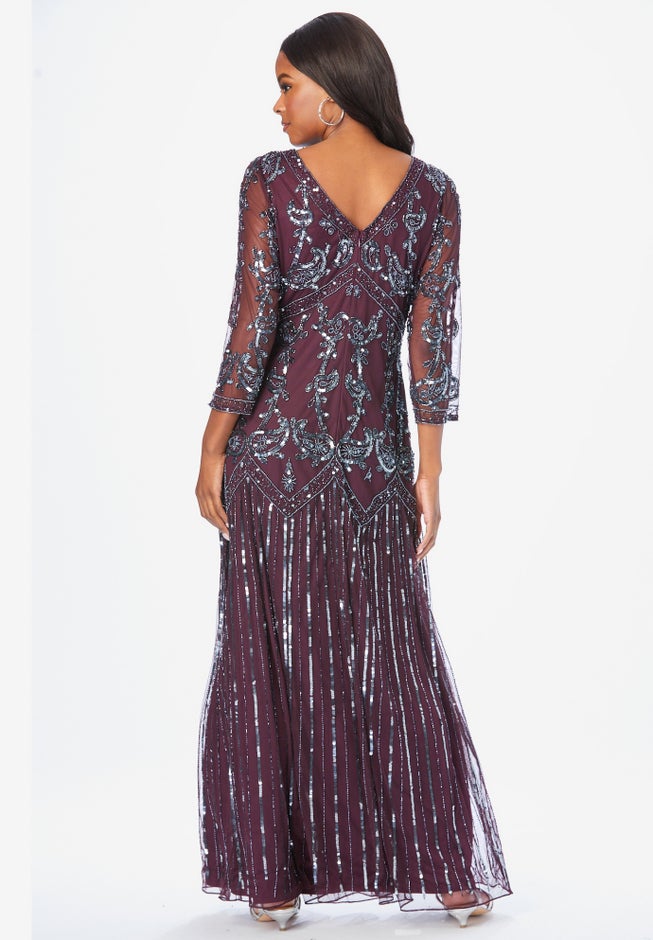 Plus Size Beaded V-Neck 3/4 Sleeve Sleeve Maxi Gown image number 1