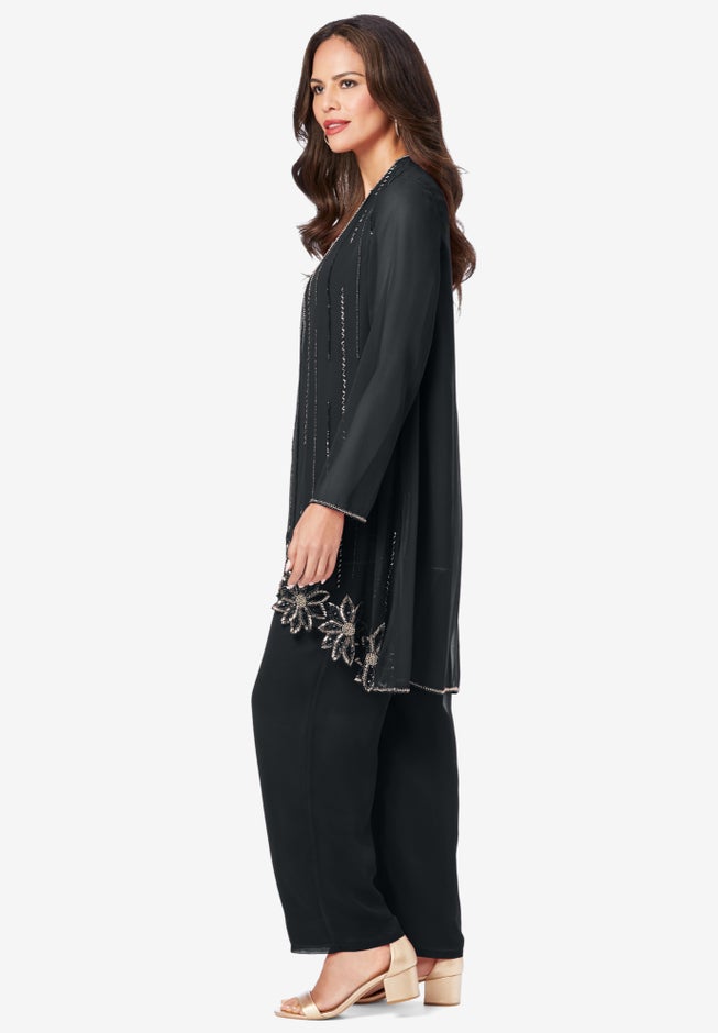 Plus-Size Long Sleeve Floral Beaded Georgette Three-Piece Pant Set image number 1