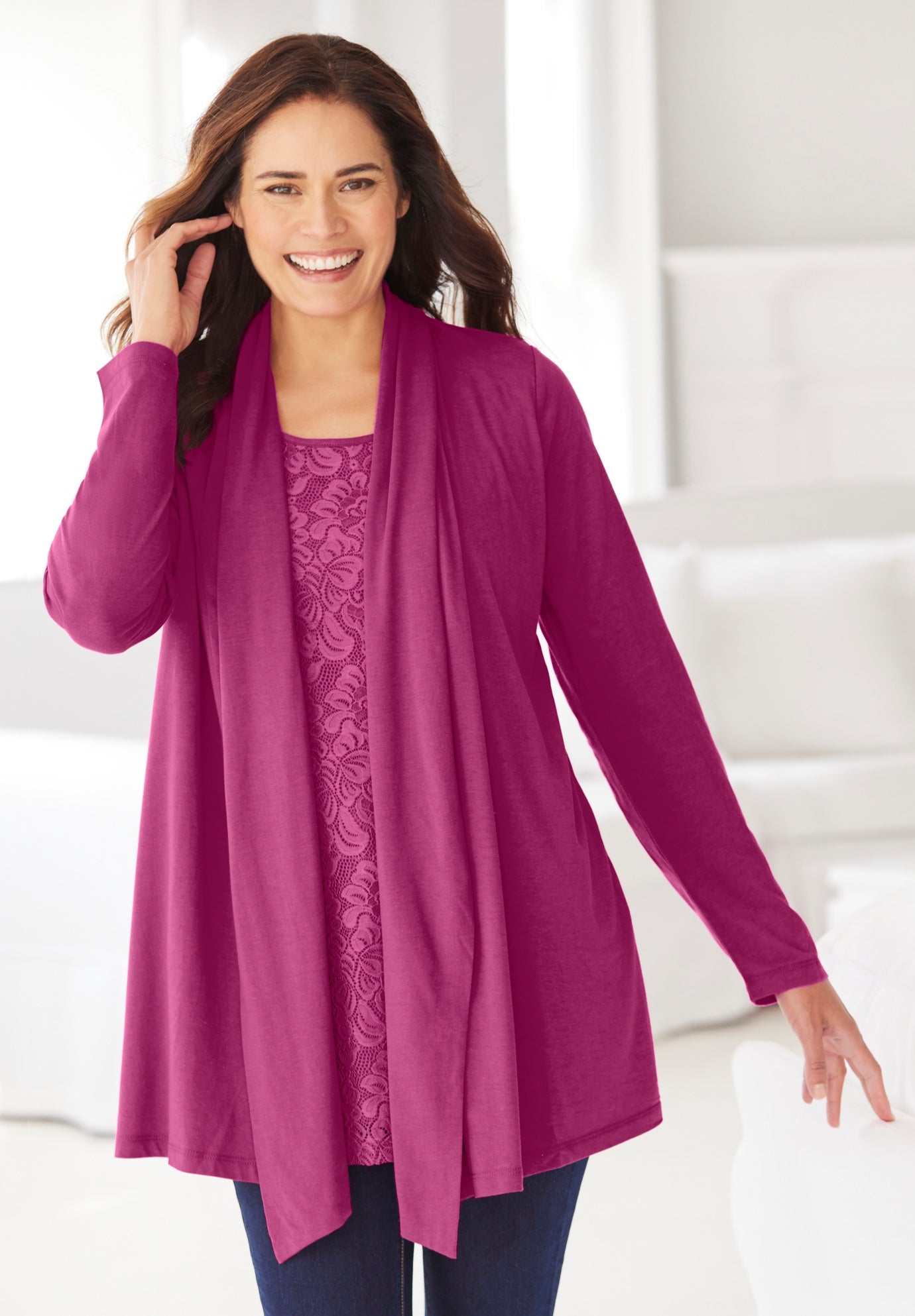 2-Fer Cardigan & Attached Lace Tunic image number 0