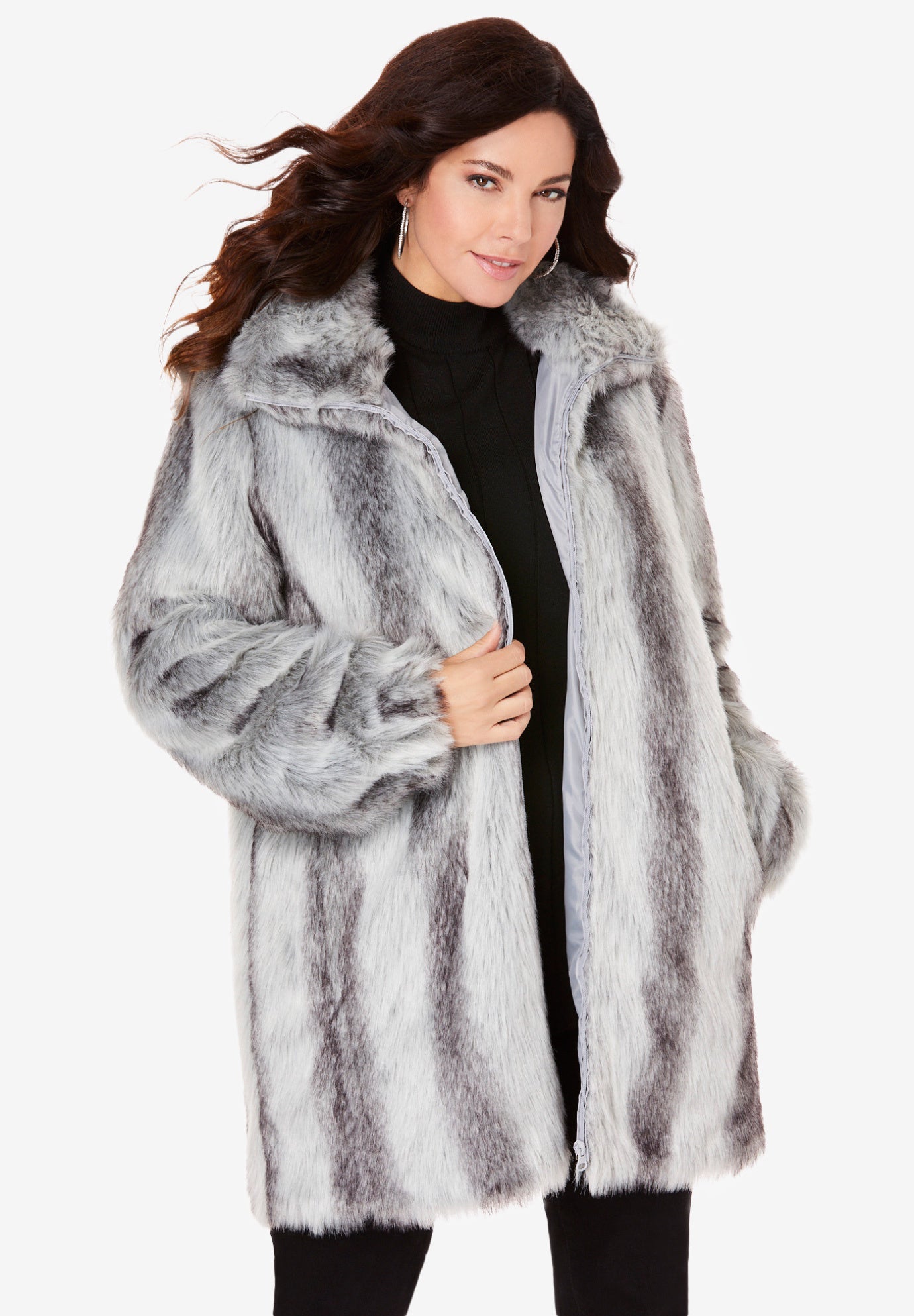 Plus Size Mid-Length Hooded Faux Fur Coat image number 1