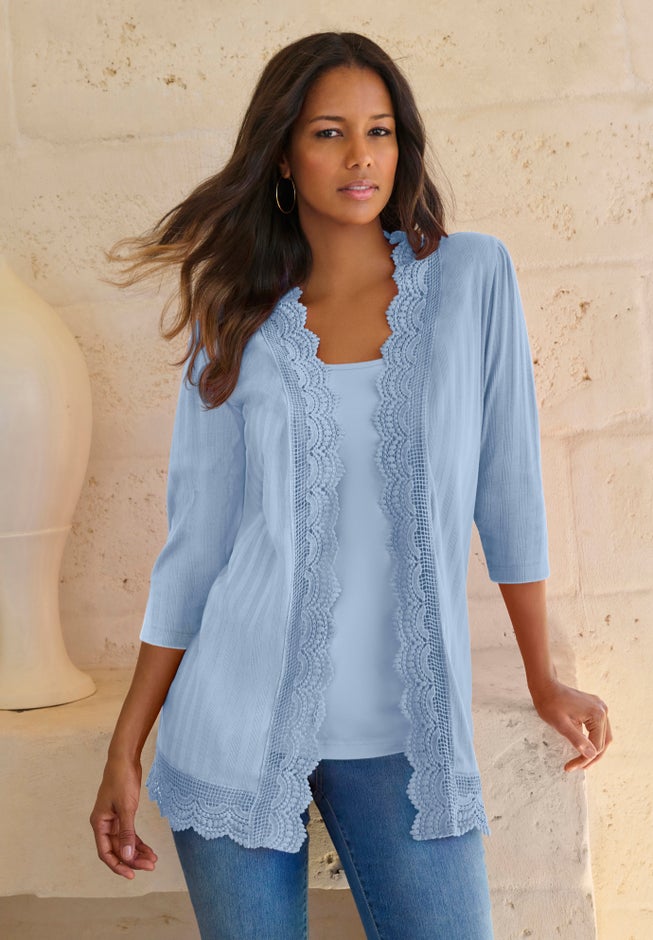 Crochet Trim Pointelle Cardigan image number 3