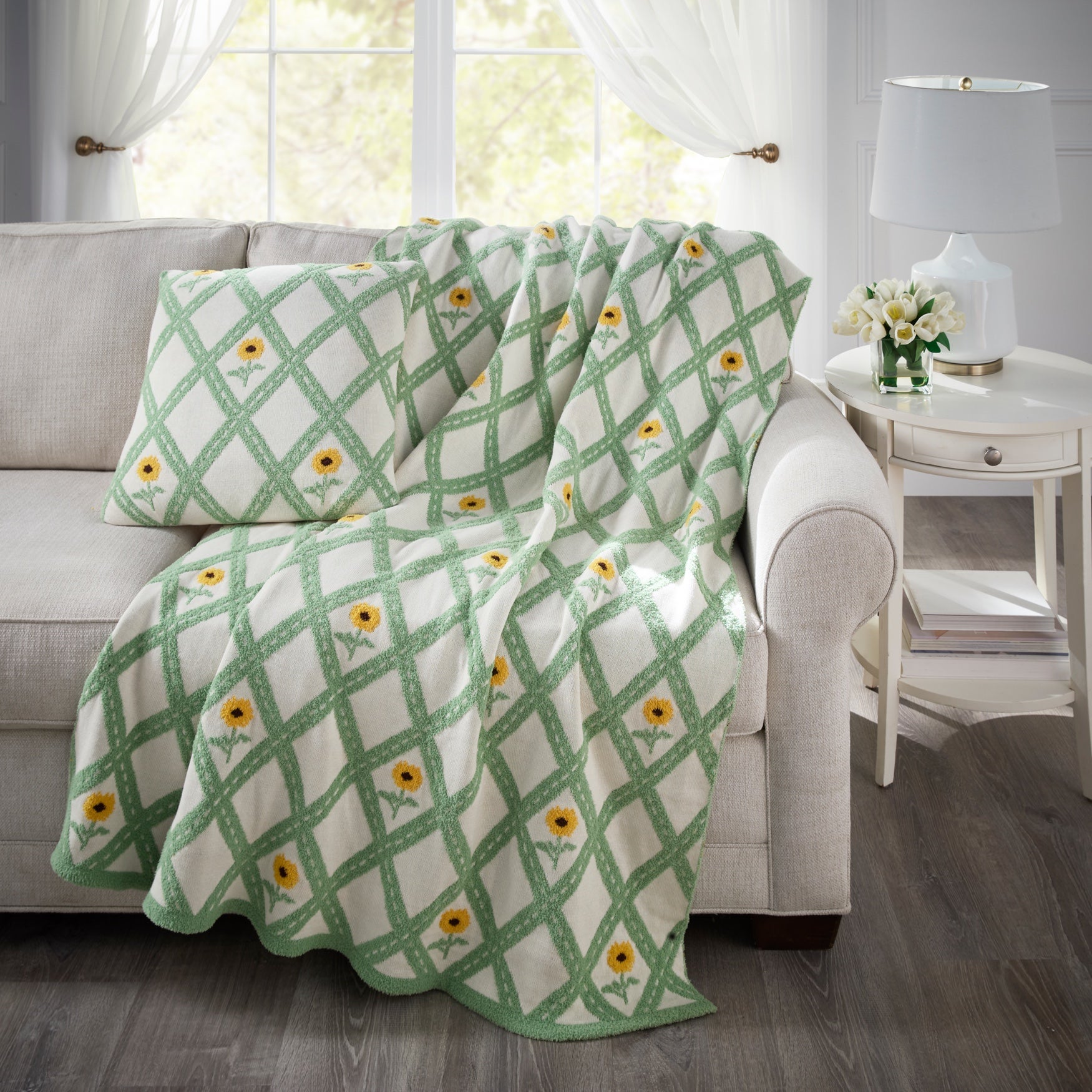 Knitted Chenille Flower Pillow image number 1