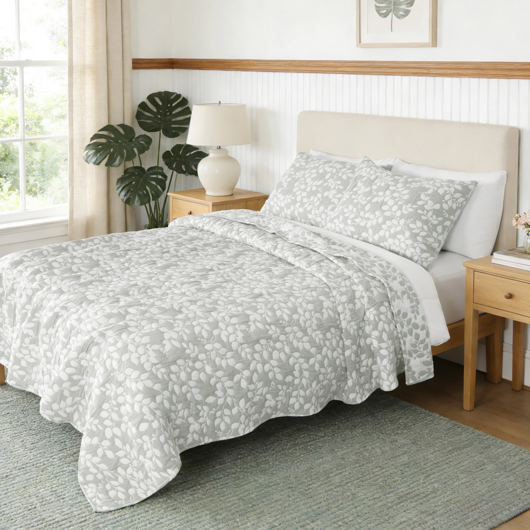 3-Pc. Reversible Leaves Jacquard Quilt Set image number 1