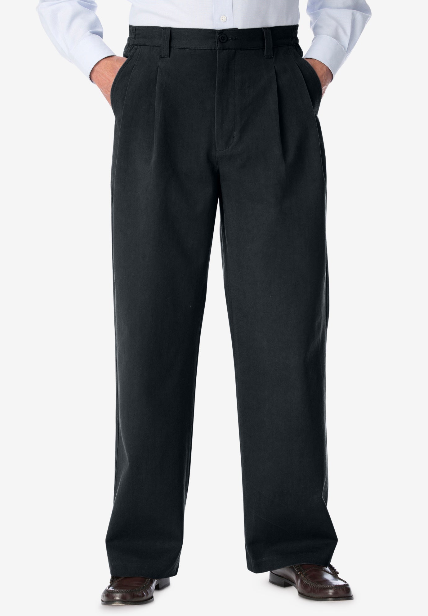 Wrinkle-Free Double-Pleat Dress Pants with Elastic, Black