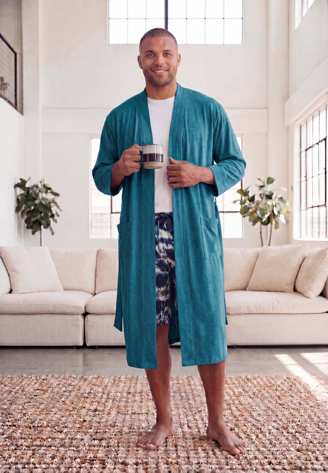 Relaxed Cotton Jersey Robe with Pockets, Heather Midnight Teal | King Size
