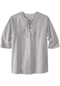Gauze Lace-Up Shirt for Men - Cotton Fabric, Sand Grey | King Size
