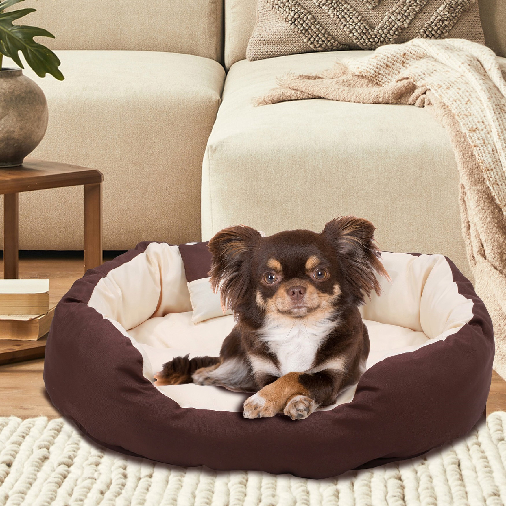Happycare Tex Durable Bolster sleeper Oval Pet bed with removable reversible insert cushion and additional two pillow , Medium 26 by 20 inches ,Brown to Beige, BROWN