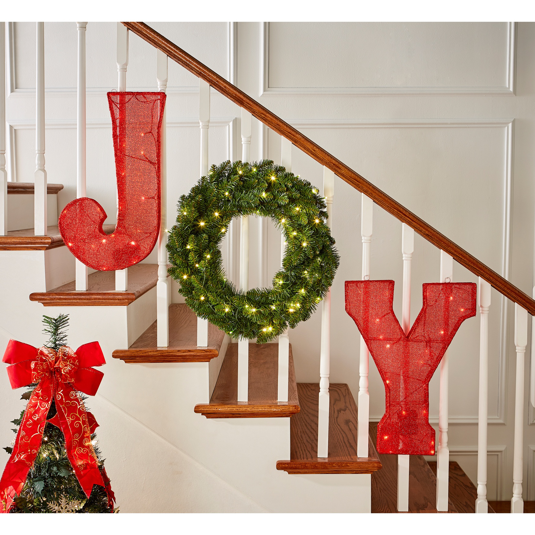 PRE-LIT &quot;JOY&quot; STAIRCASE WREATH, SET OF 3, RED GREEN