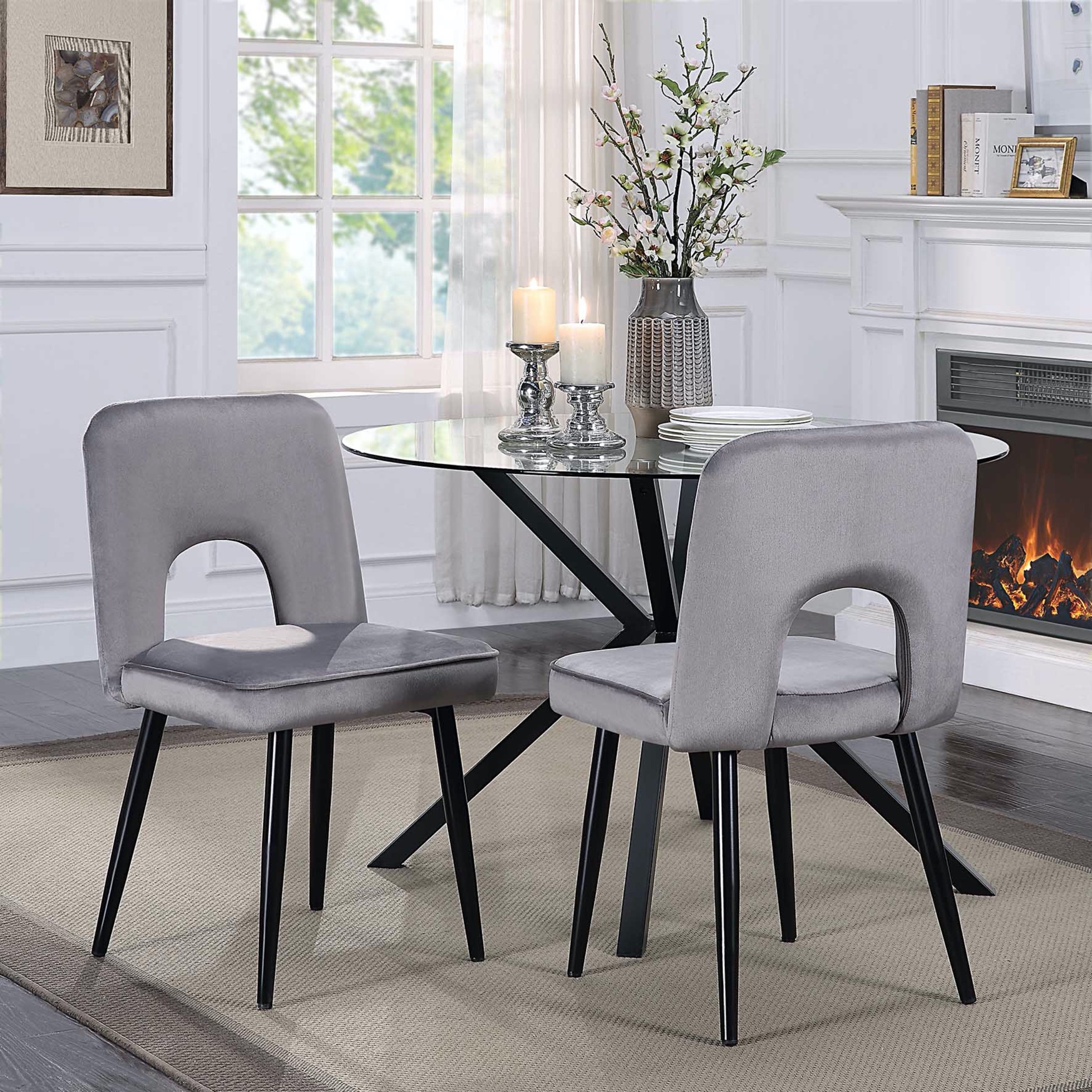 Nancy Grey Velvet Accent Dining Chair, Set of 2, GREY BLACK