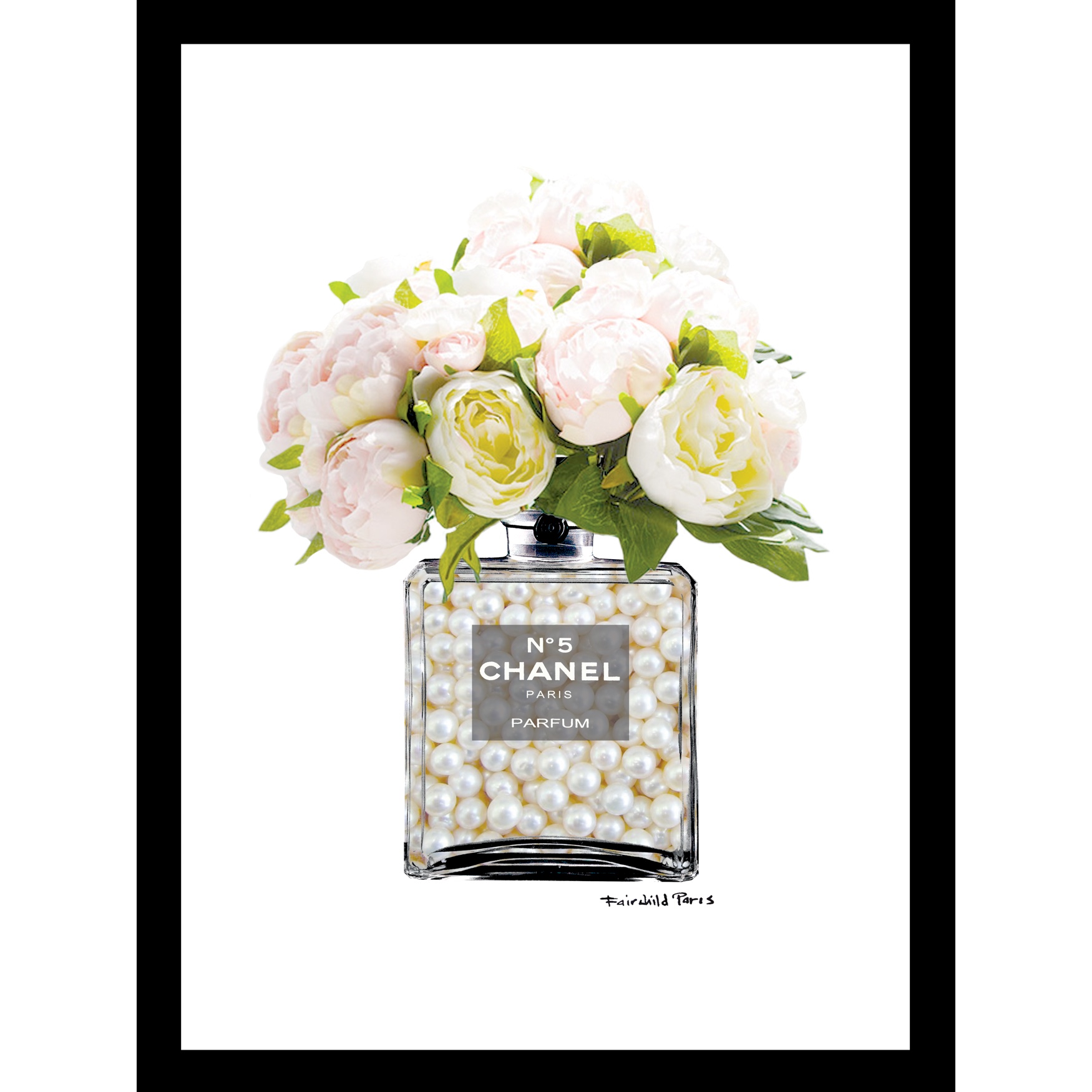 Chanel Bottle Floral Bouquet 14x18 Framed Print, PINK WHITE