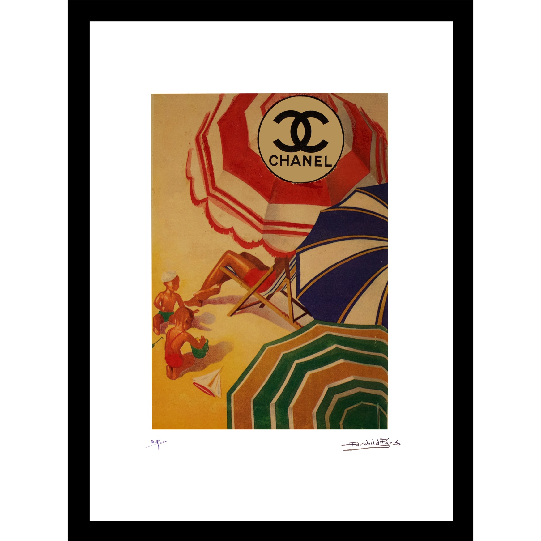 Vintage Chanel Beach Umbrellas 14x18 Framed Print, MULTI