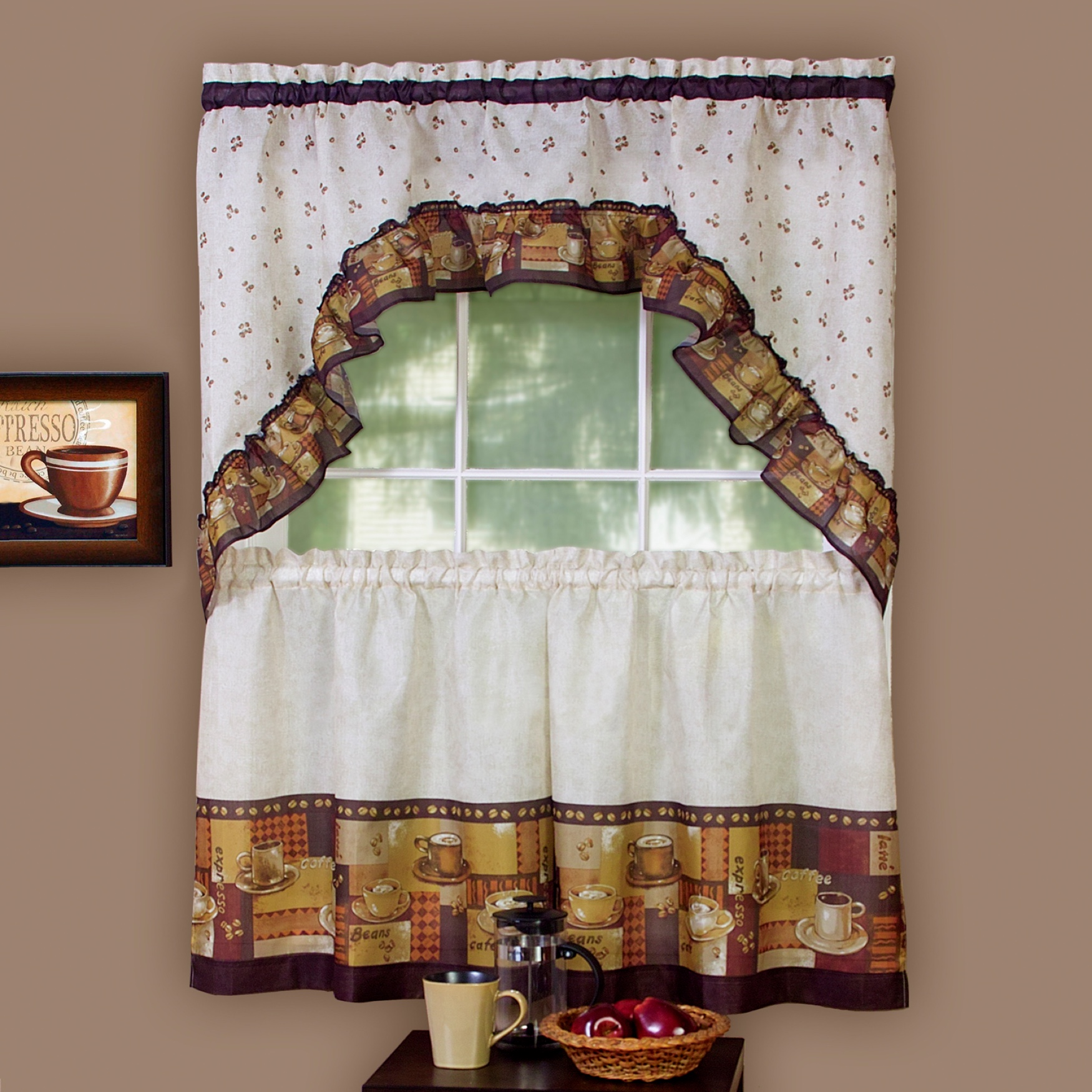 Coffee Printed Tier and Swag Window Curtain Set, 
