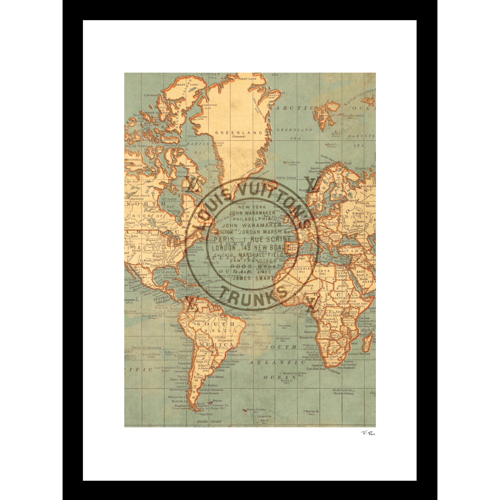 Louis Vuitton Map Beige 14&quot; x 18&quot; Framed Print, GREY