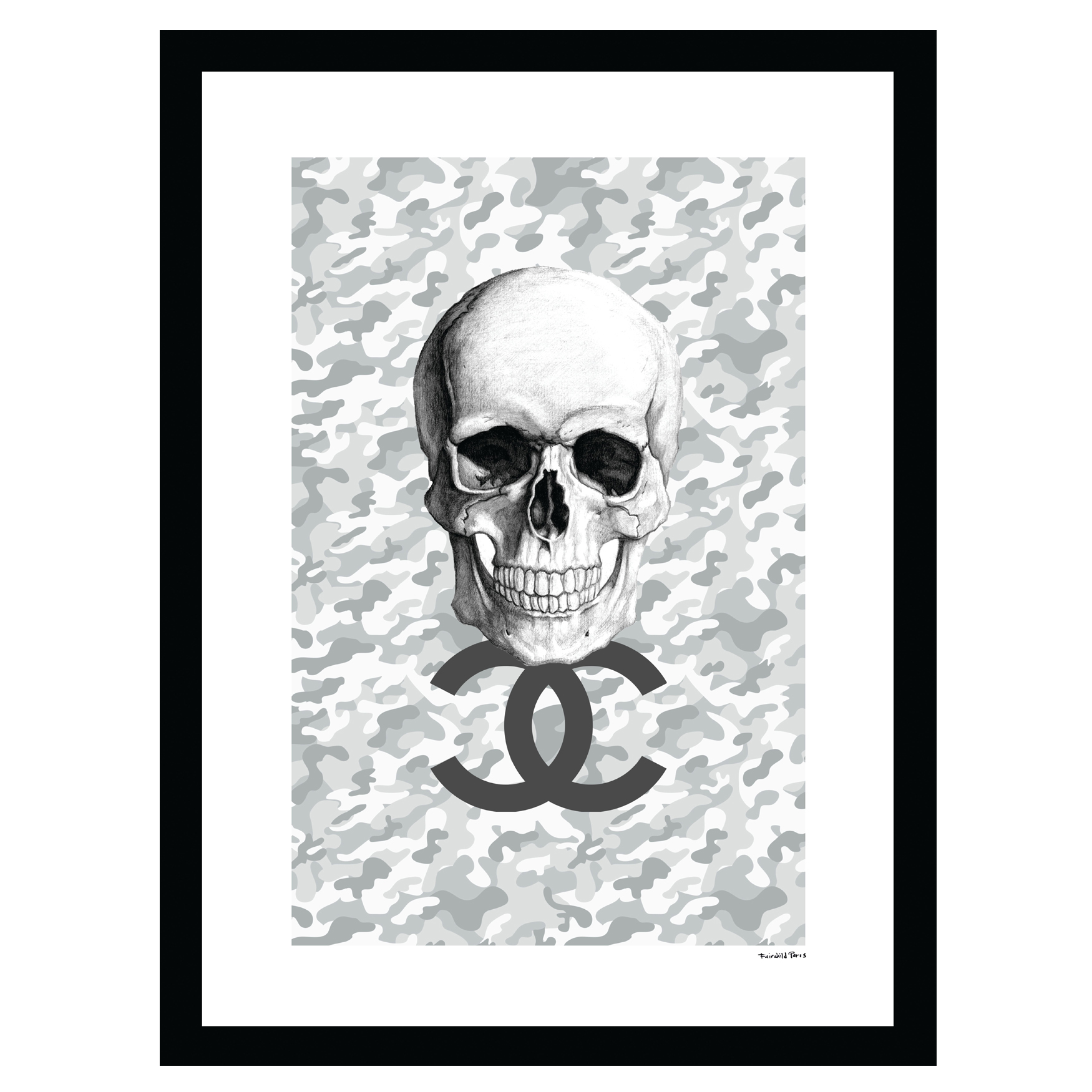 Chanel Camouflage Skull - Grey / White - 14x18 Framed Print, GREY WHITE
