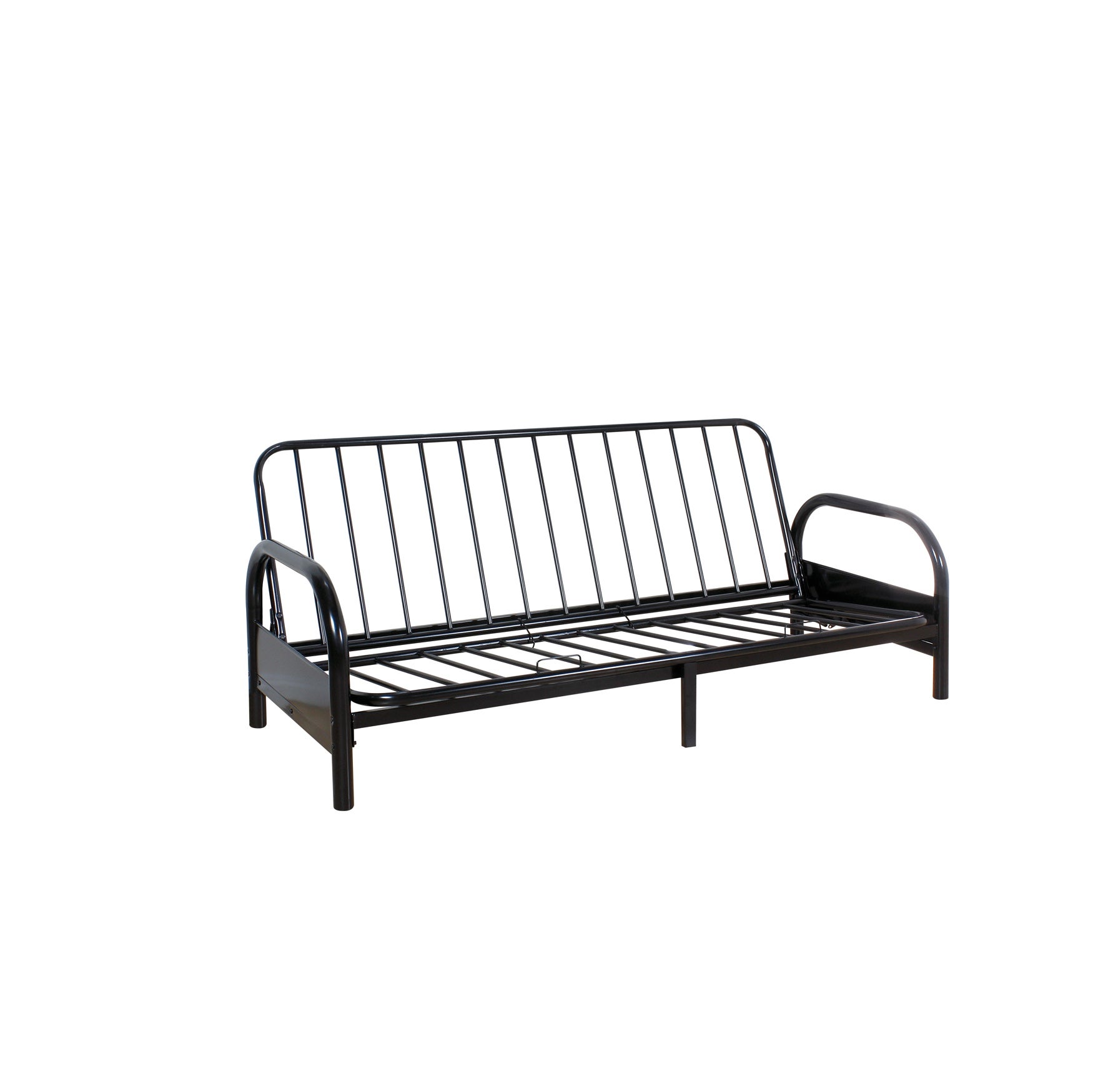 Black metal sofa frame with vertical bar back and slat base