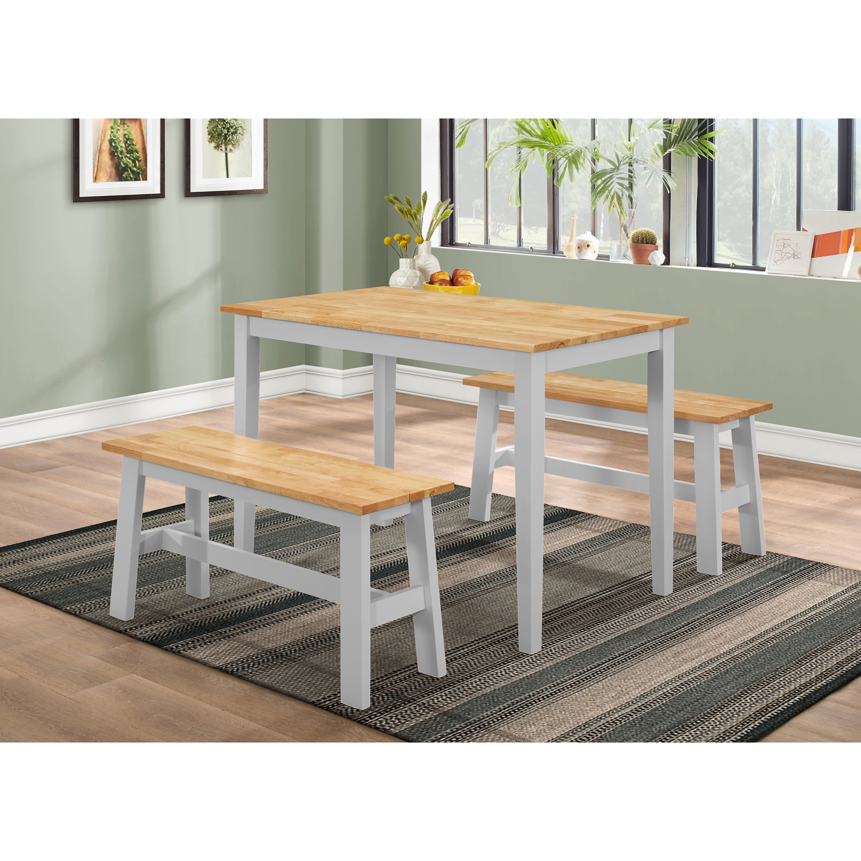 New York Wood Table with 2 Benches, White, NATURAL GRAY