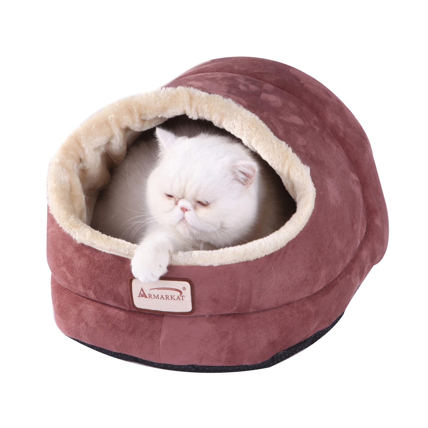Faux Suede Pet Cat Small Dog Bed And Cave, RED BEIGE