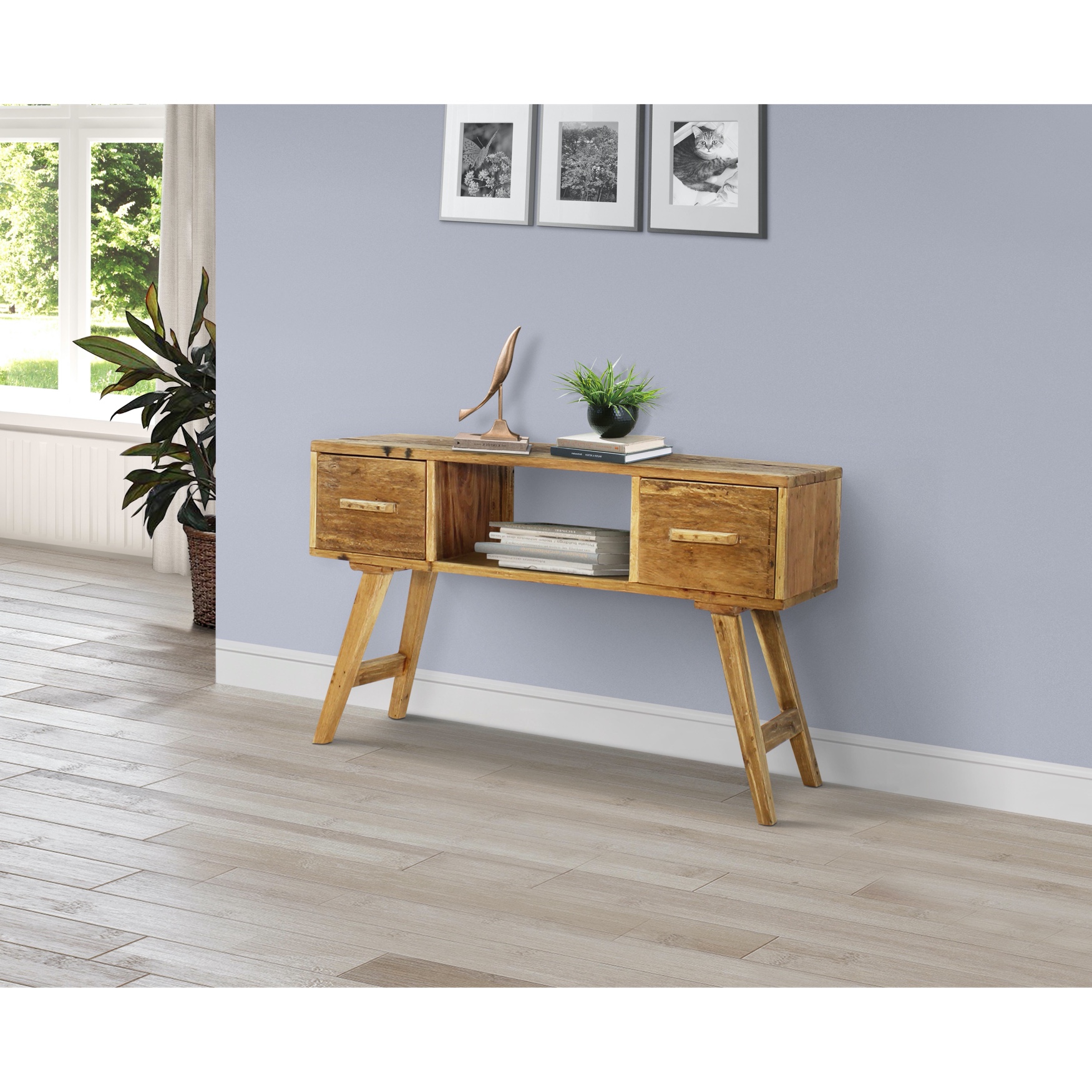 Java Wood TV Cabinet/Entryway Table with Drawers, NATURAL