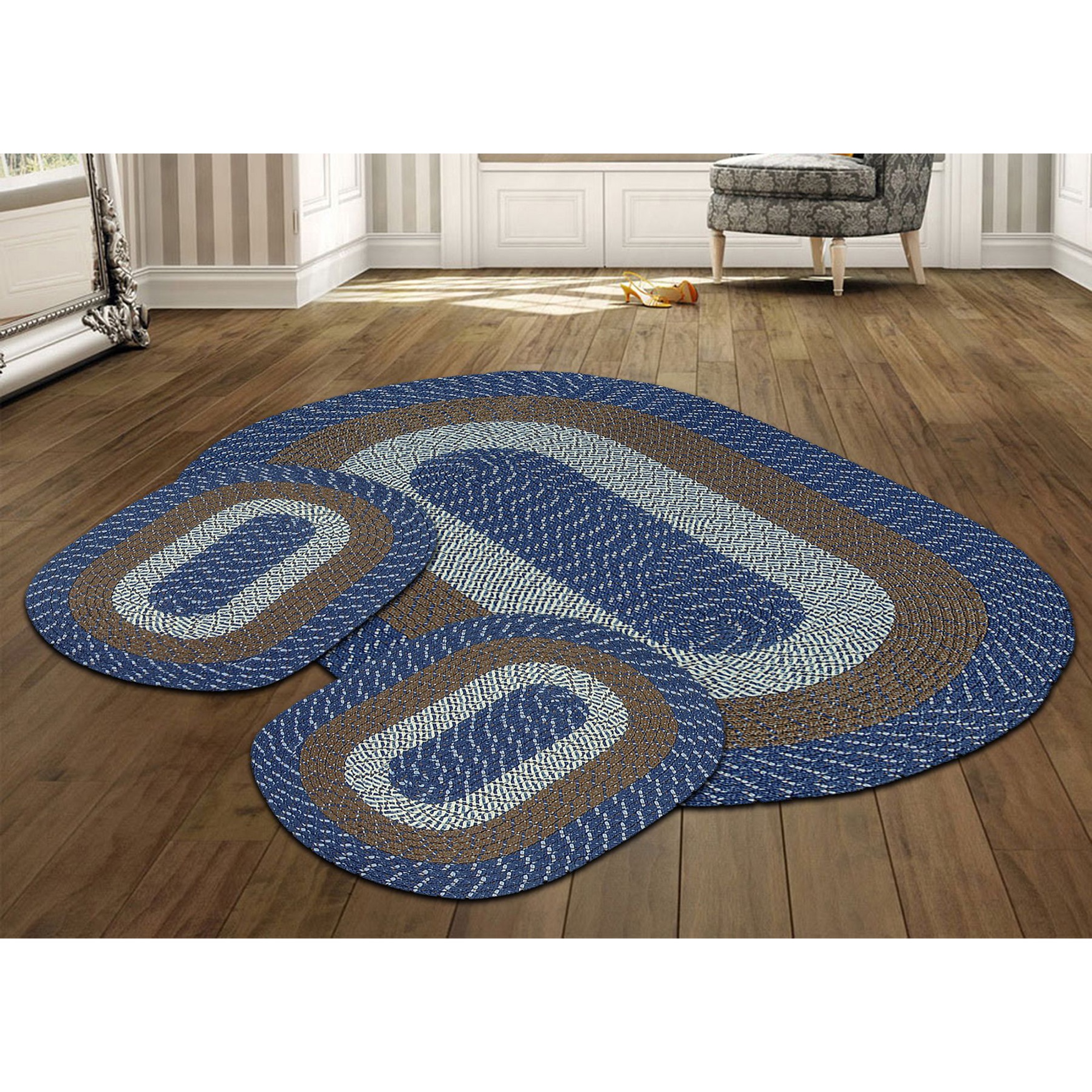 Country Braid Collection 3pc Set Stain Resistant Reversible Indoor Oval Area Rug, 