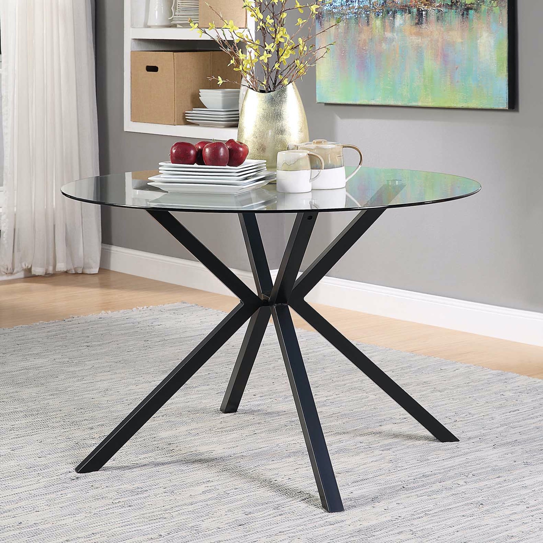 Charles Round Table/Glass and Black Metal Legs, BLACK