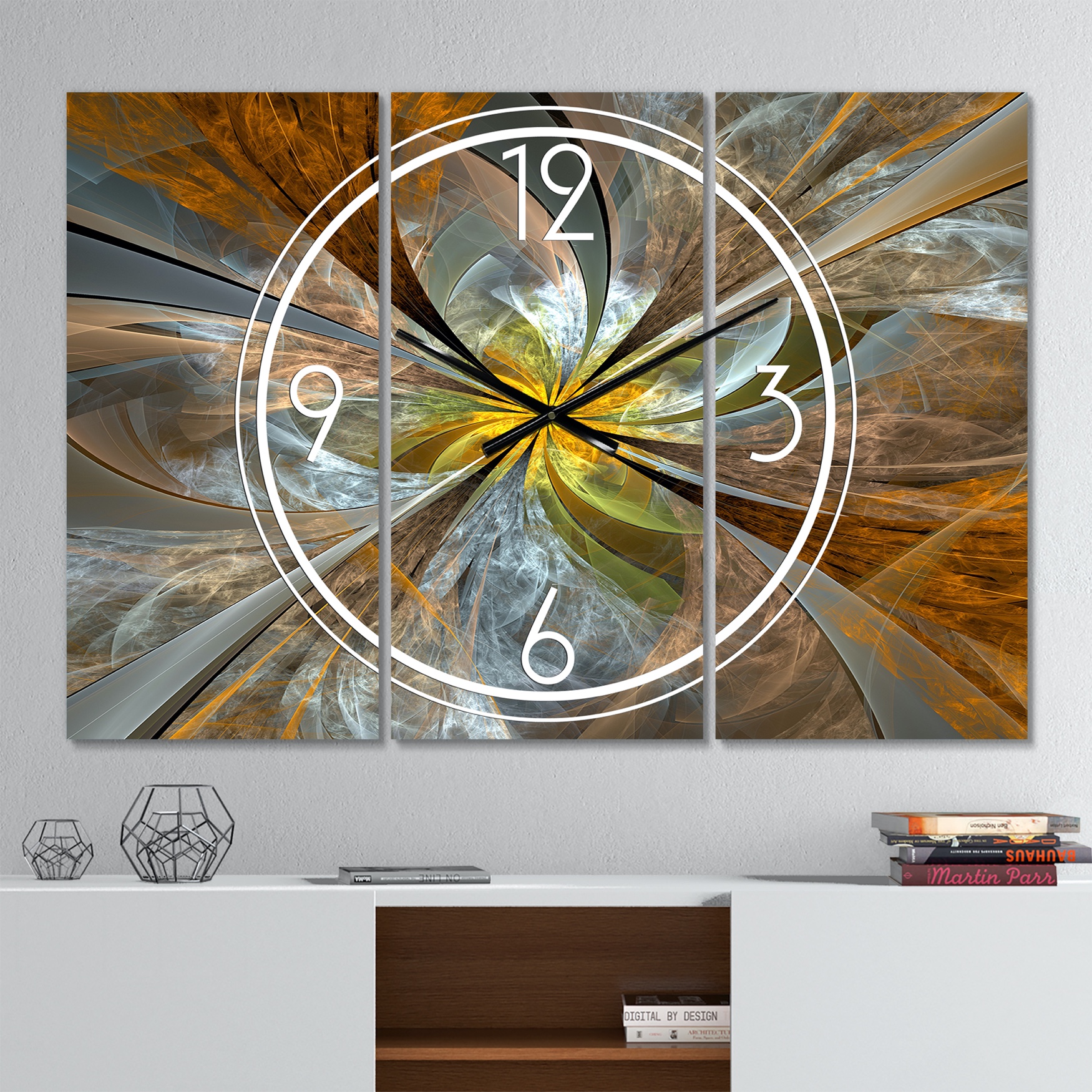 Symmetrical Yellow Fractal Flower Modern Multipanel Wall Clock, YELLOW