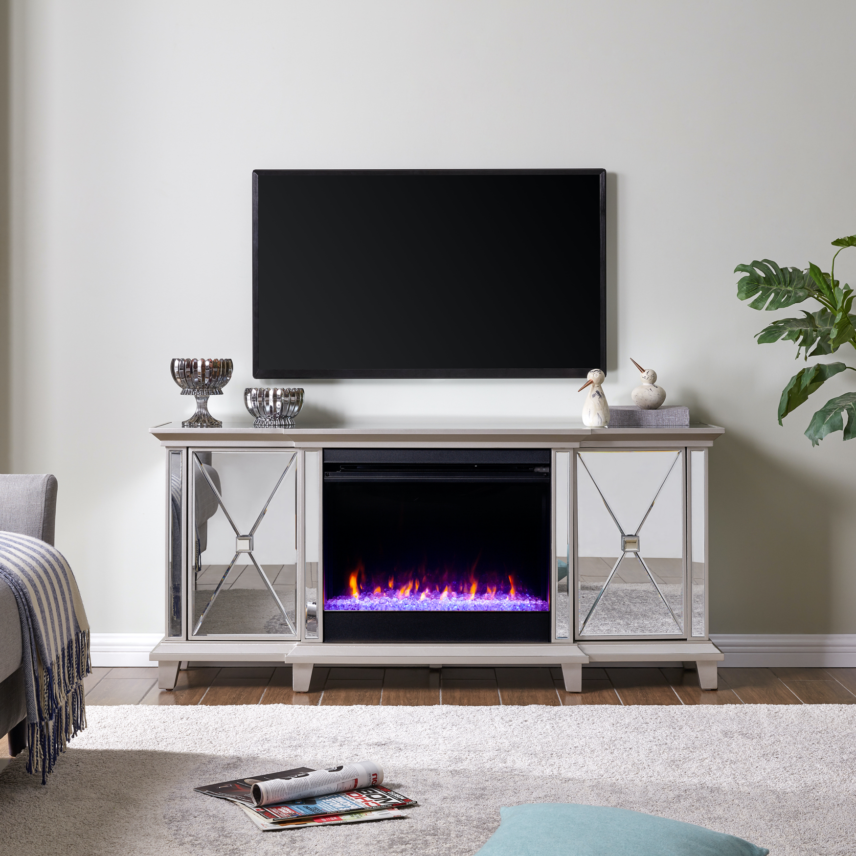 Toppington Mirrored Lifelike Alternating Colors Fireplace Media Console, MIRROR