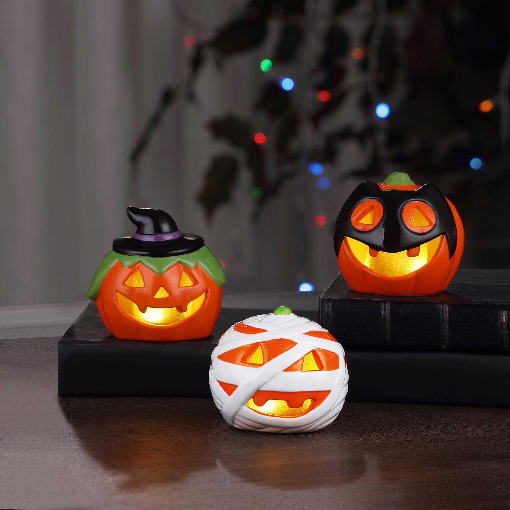 Collectible LED Ceramic Pumpkins, Set of 3, MULTI