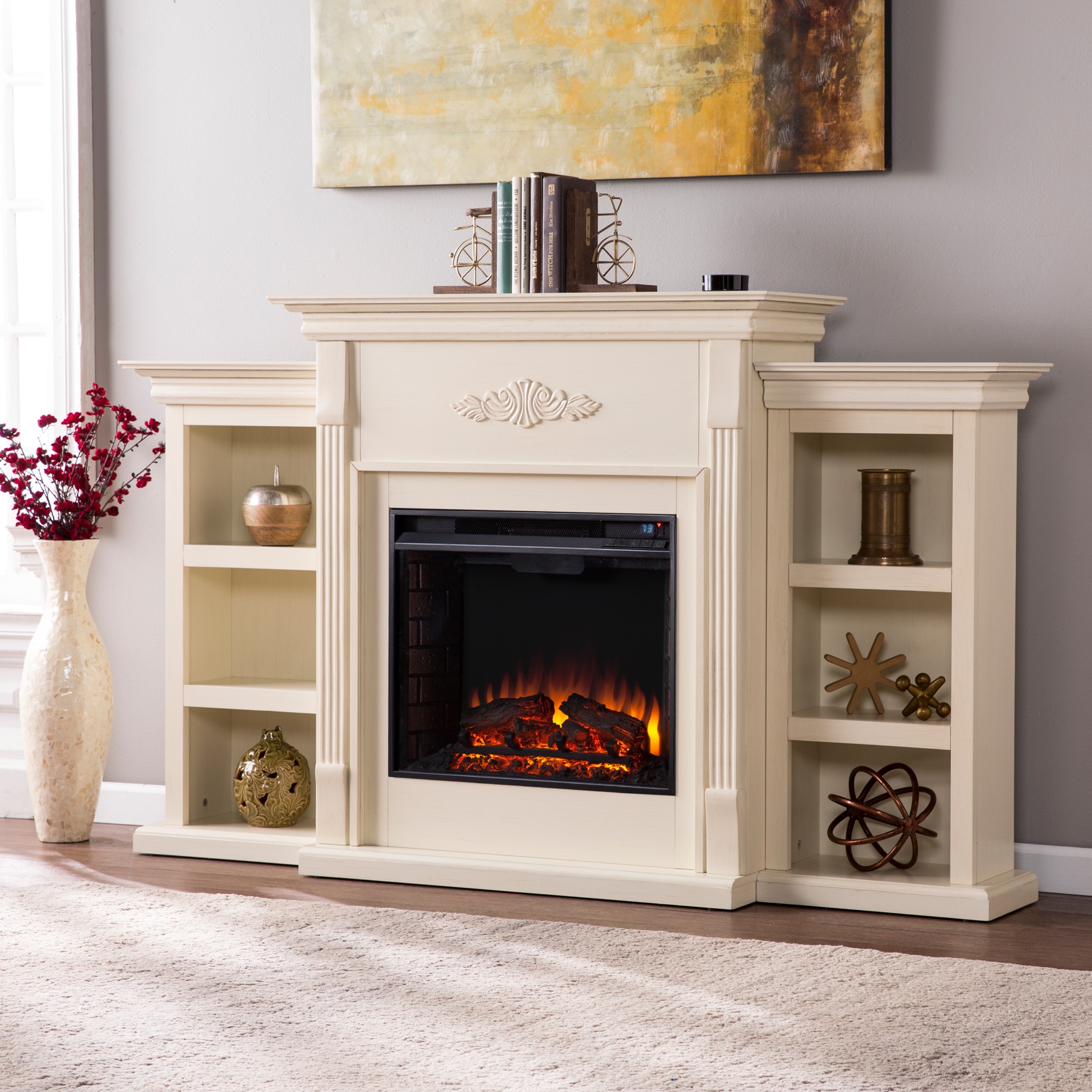 Tennyson Electric Fireplace with Bookcases, IVORY