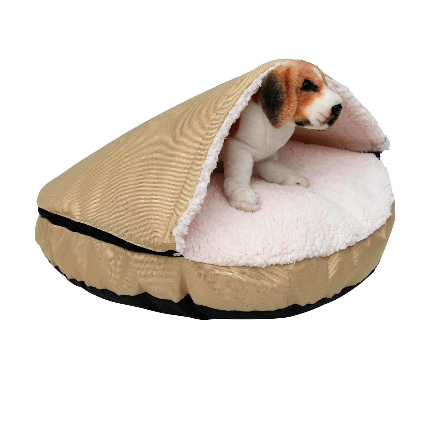 Happycare Tex Durable Oxford to Sherpa Pet Cave and Round Pet Bed, 25&quot;, with Removable top and Insert, Khaki, KHAKI