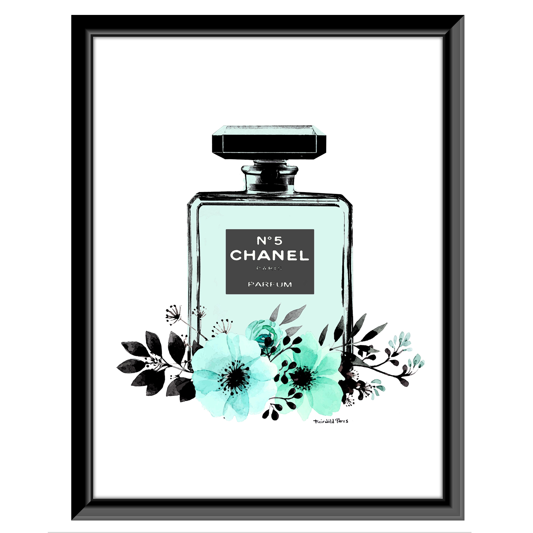 Chanel Bottle Floral - Teal / White - 14x18 Framed Print, TEAL WHITE
