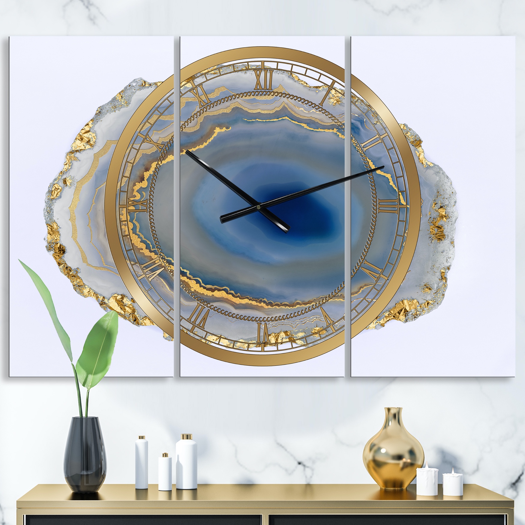 Golden Water Agate Large Fashion Multipanel Wall Clock, GOLD