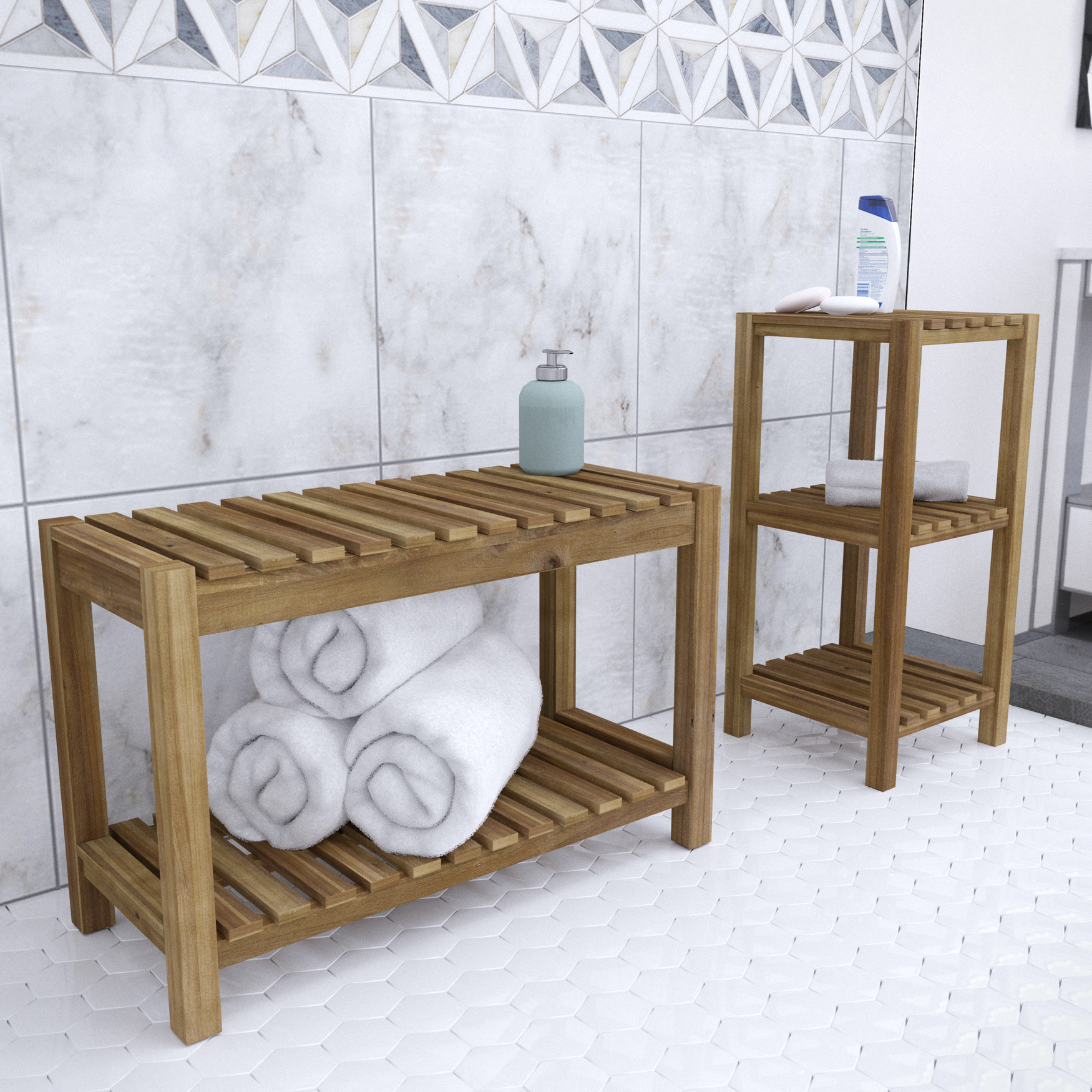 Jambira Solid Wood Bath Storage Set – 2pc, BROWN