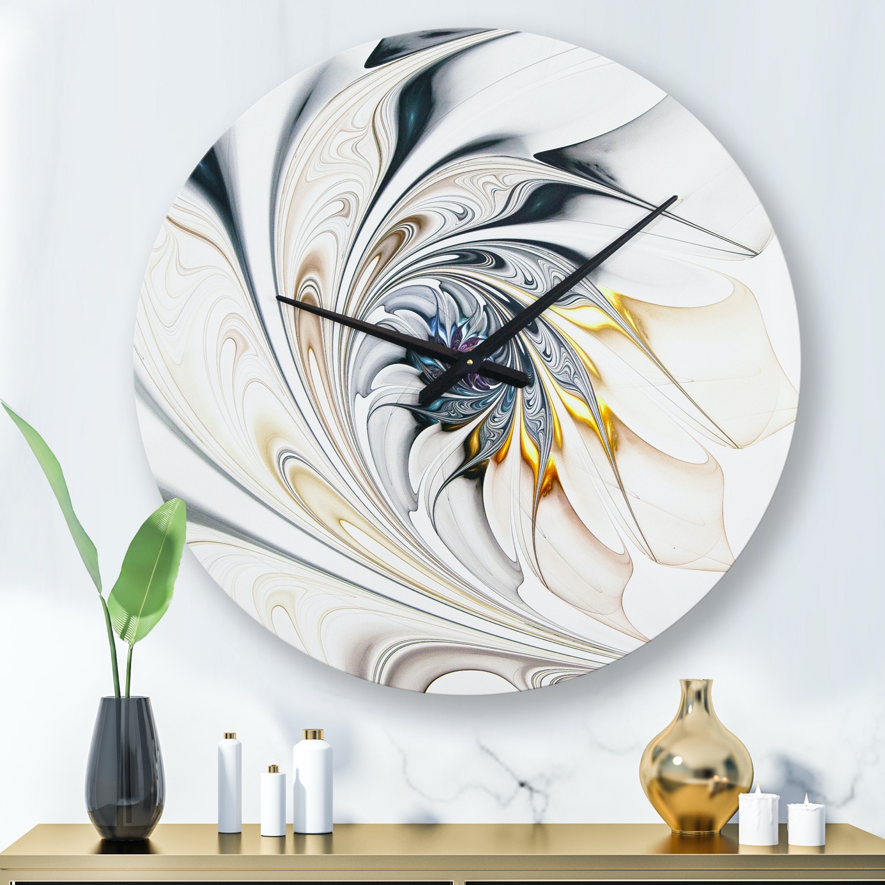 White Stained Glass Floral Art Modern Wall Clock, WHITE
