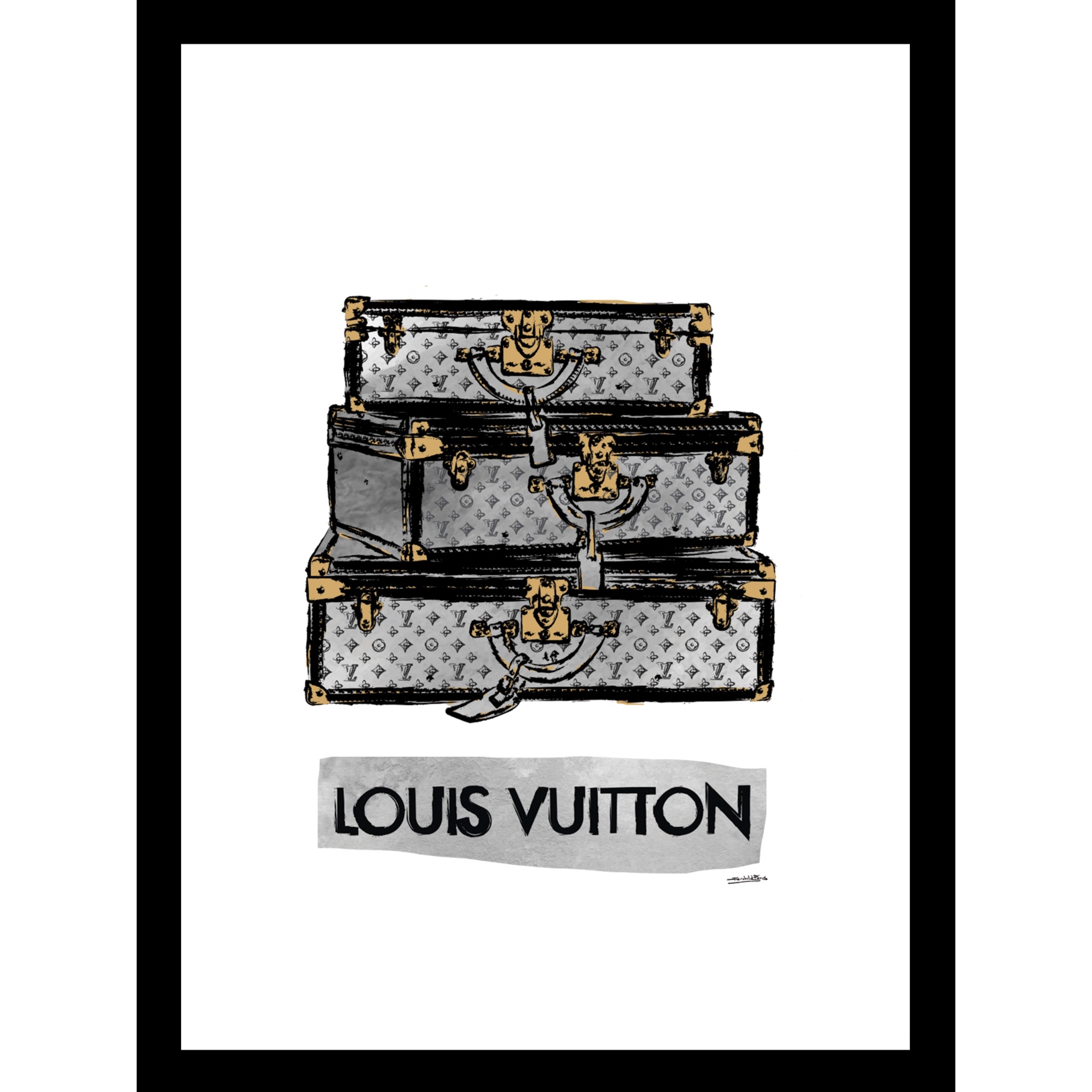 Louis Vuitton Trunks Black/Grey 14&quot; x 18&quot; Framed Print, BEIGE
