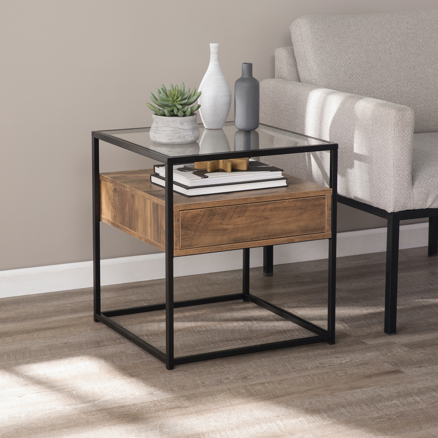 Olivern Glass-Top End Table w/ Storage, BROWN