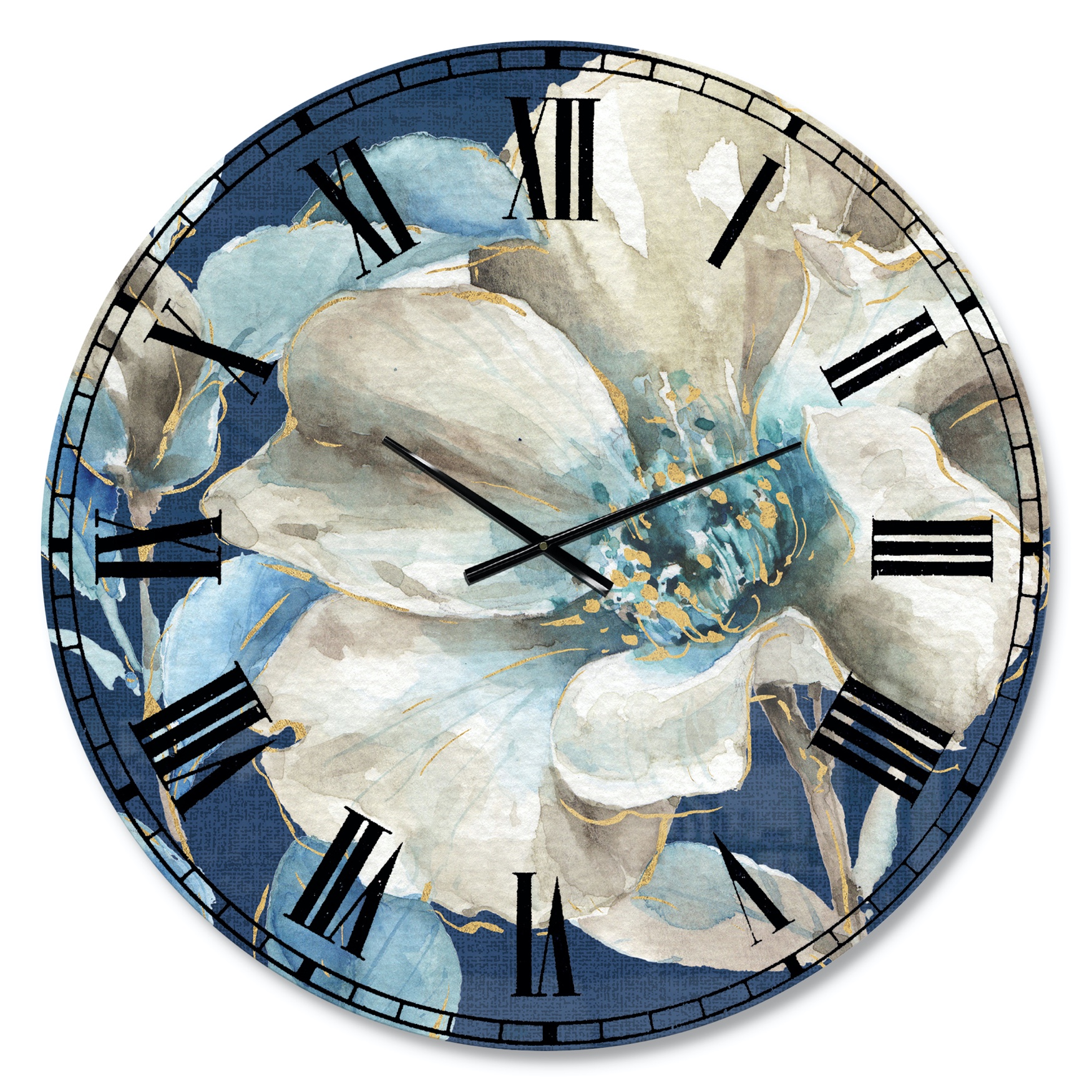 Indigold Watercolor Flower I Traditional Wall Clock, BLUE