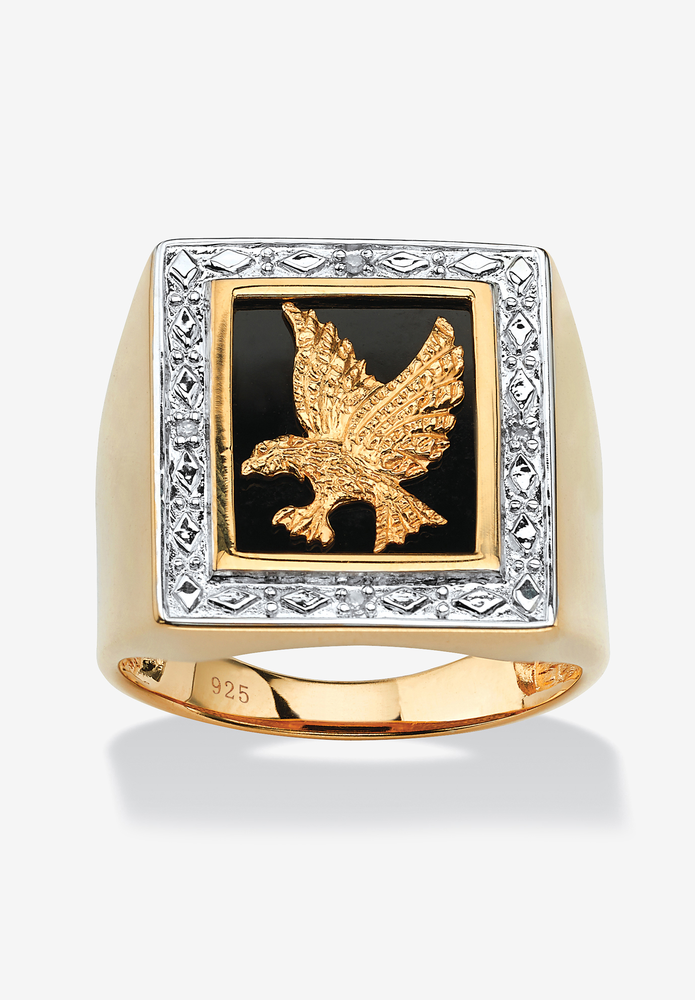 Men&apos;s 14K Gold over Silver Diamond Accent and Onyx Eagle Ring, DIAMOND ONYX