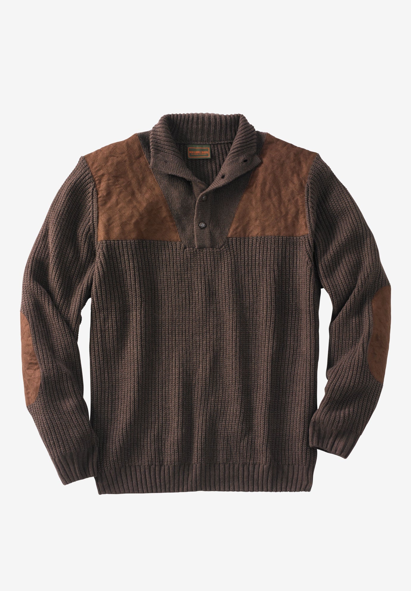 Mock Neck Patch Sweater - Relaxed Fit, Dark Brown | King Size