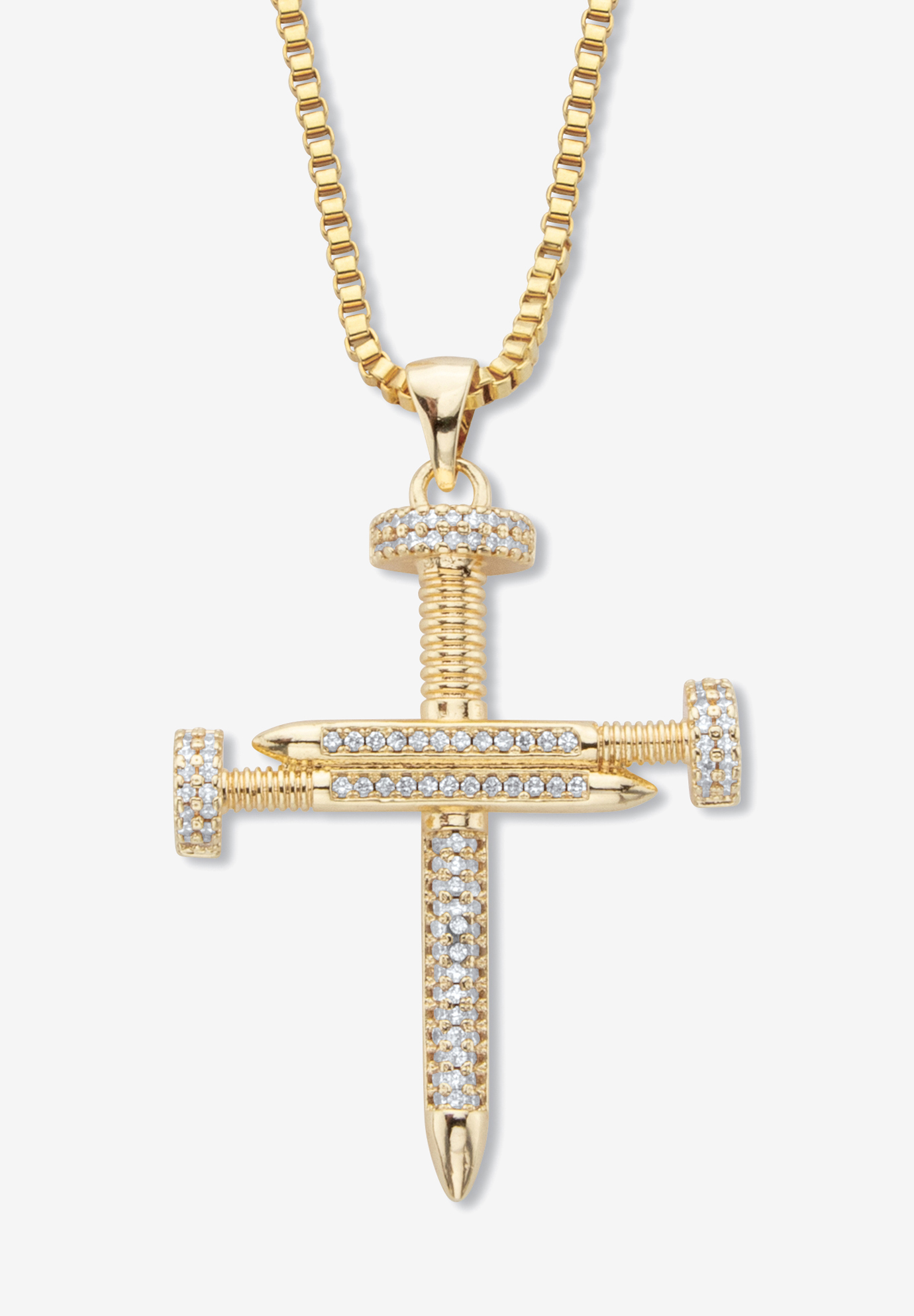 Men&apos;s Goldtone Nail Cross Pendant (32mm) Round Crystal with 24 inch Chain, GOLD