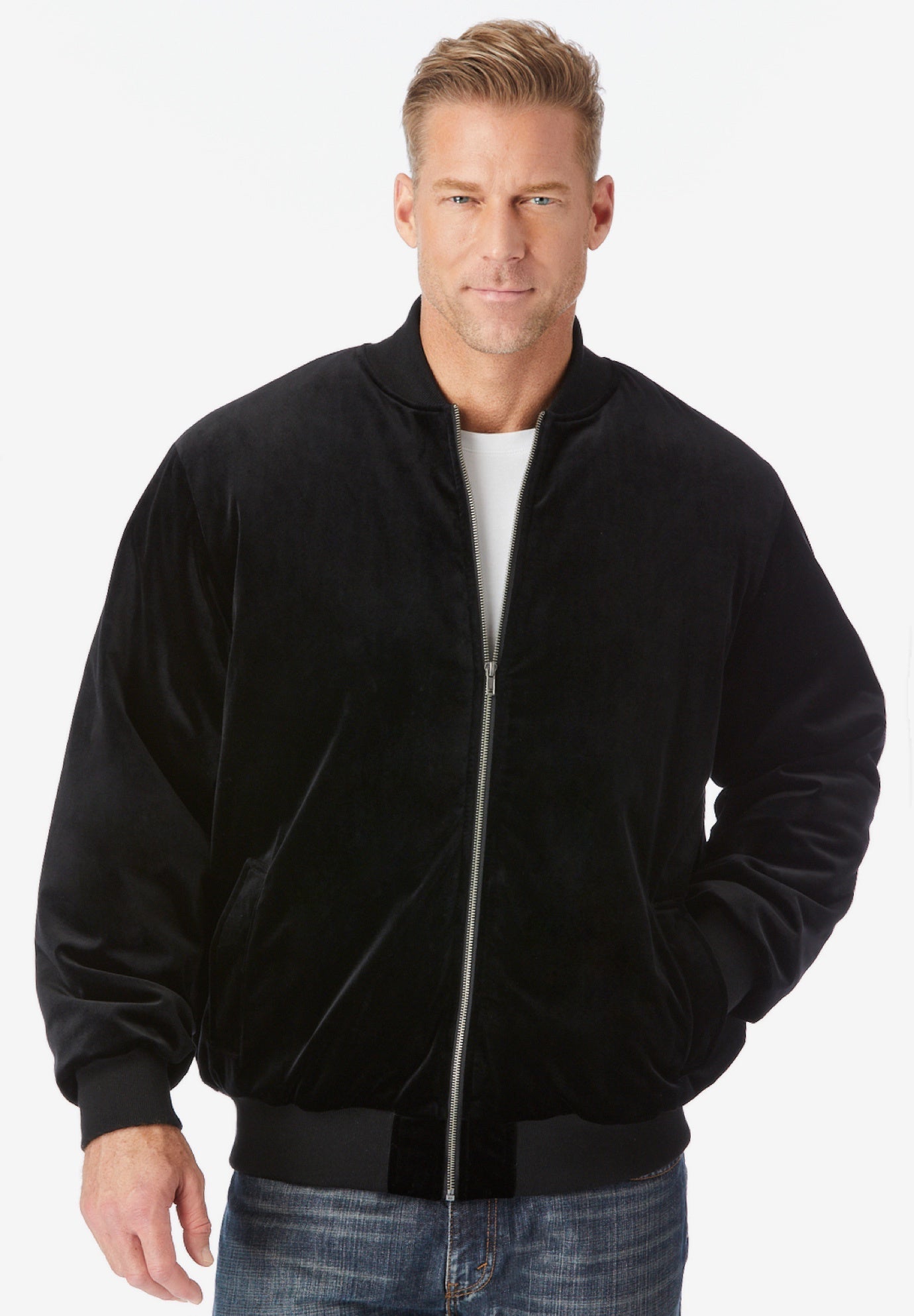 Velour Bomber Jacket Soft Full Zip Outerwear, Black King Size
