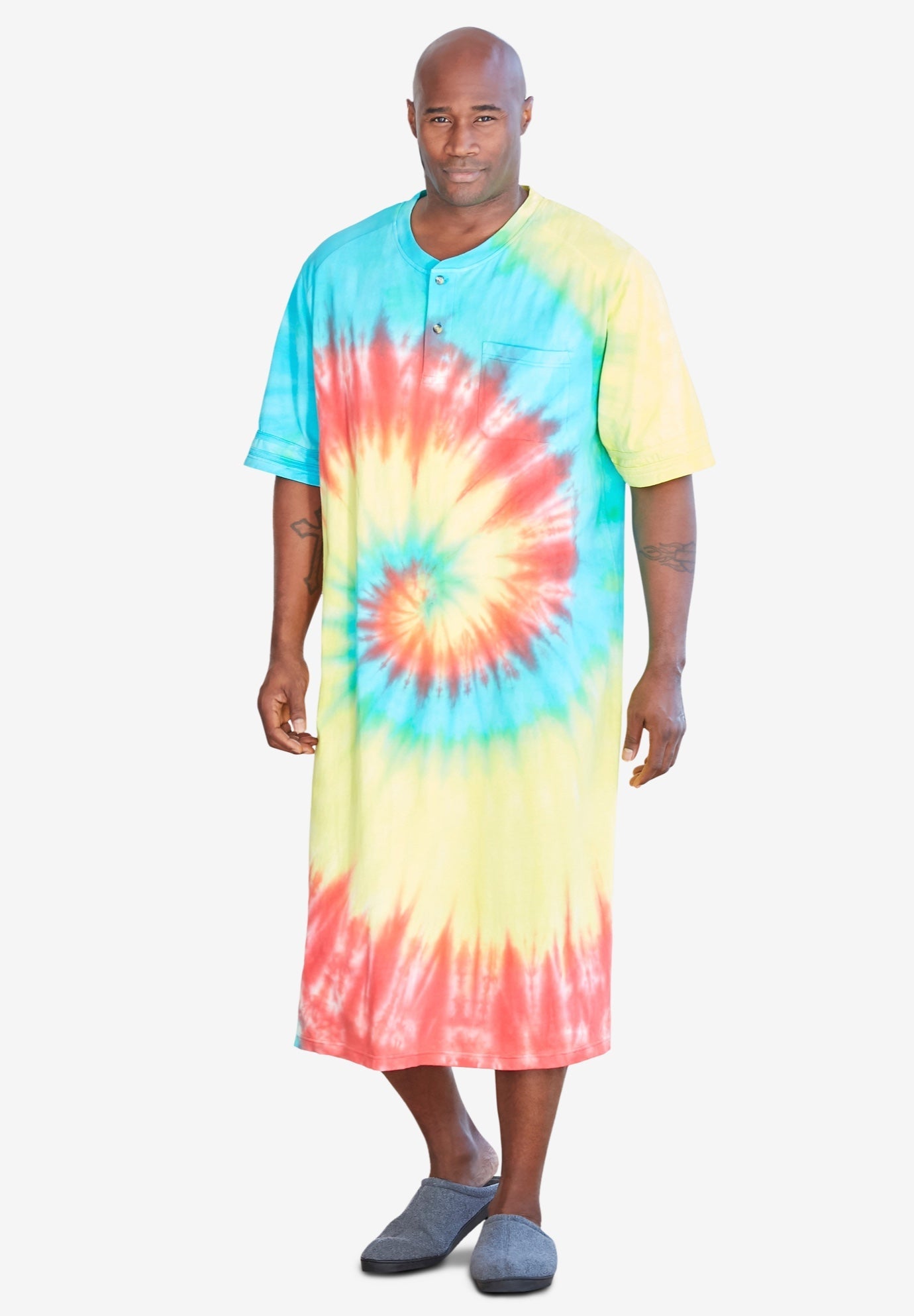 Nightshirt Henley - Short-Sleeve Sleepwear, Multi Tie Dye | King Size