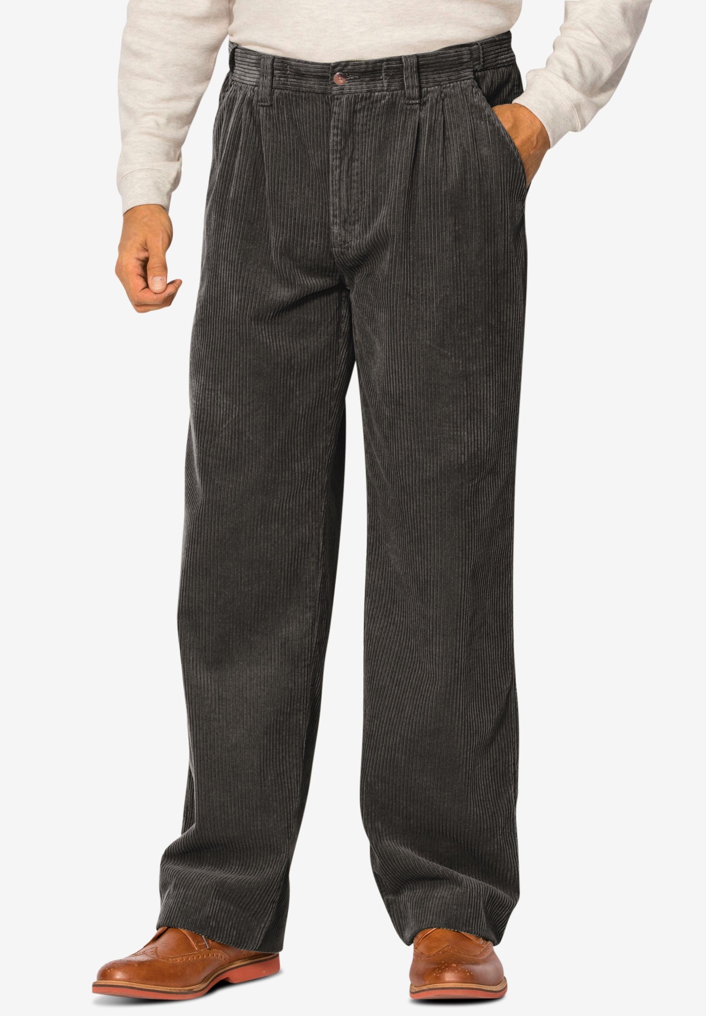 Expandable Waist Corduroy Pleat Front Pants Charcoal Olive King Size