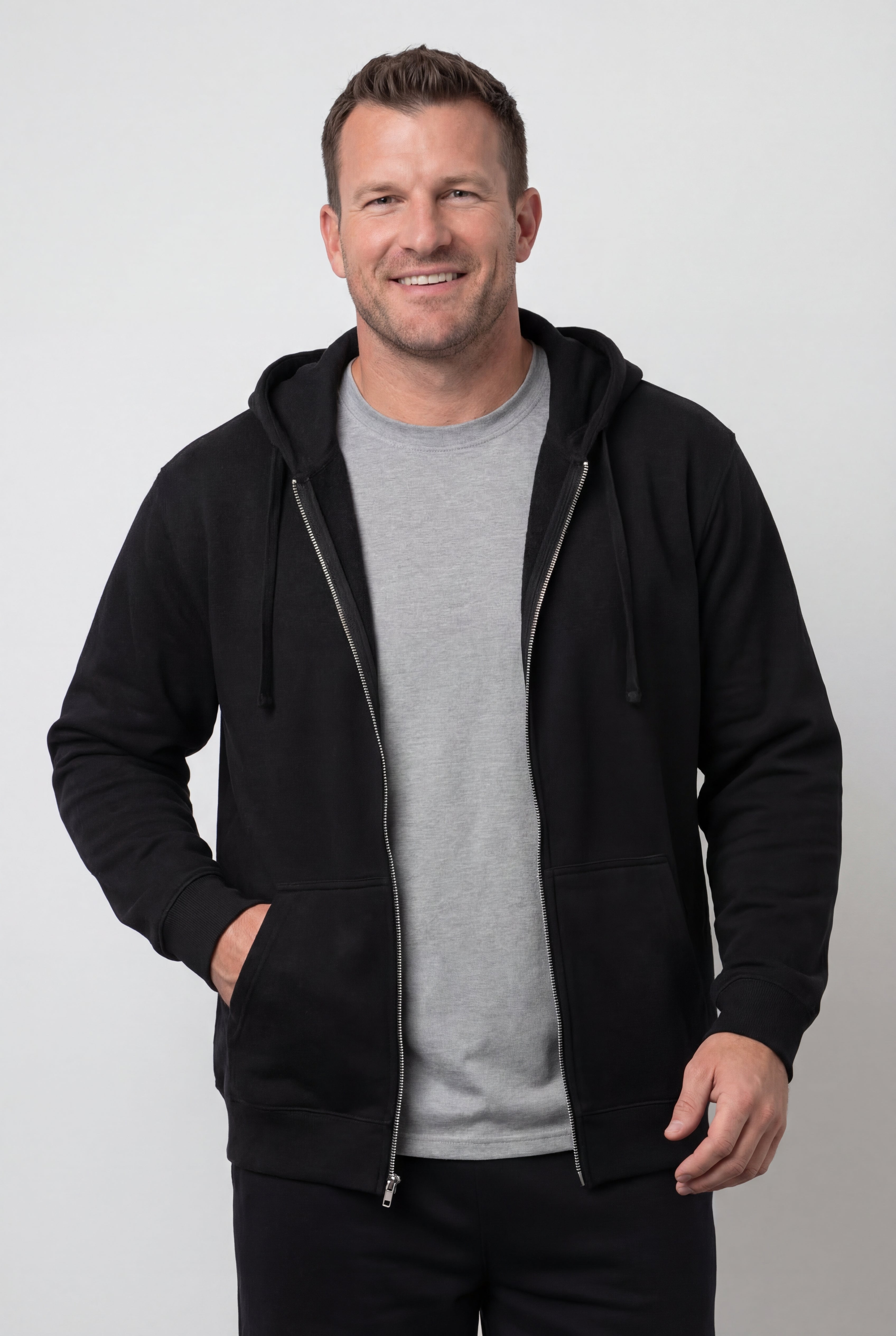 Fleece Zip-Front Hoodie with Pockets & Drawstring, Black | King Size