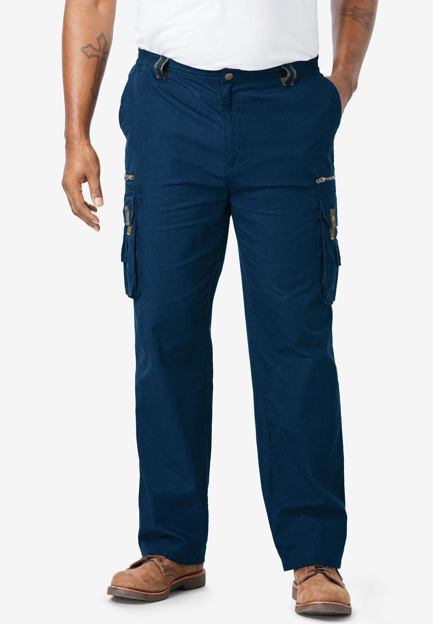 Ripstop Cargo Pants with Side-Elastic Waist, Navy | King Size