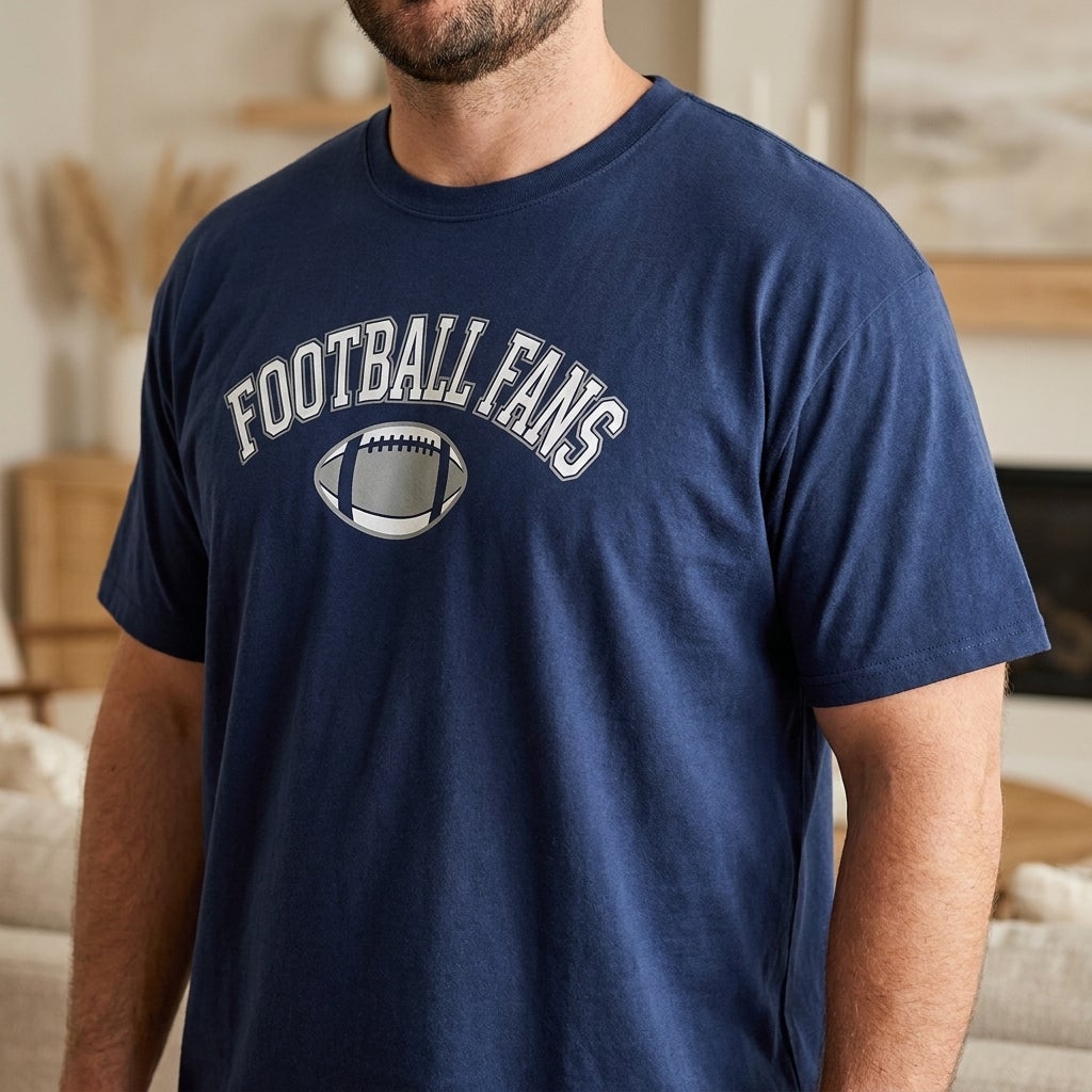 Close-up of a fan-style graphic tee fitting cleanly across a Big and Tall man's shoulders