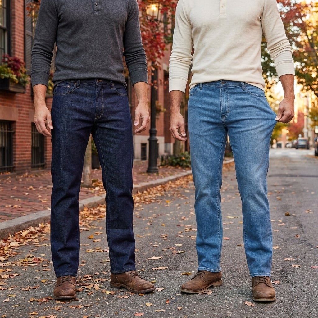 Side-by-side close-up of rigid classic denim weave next to stretch denim weave