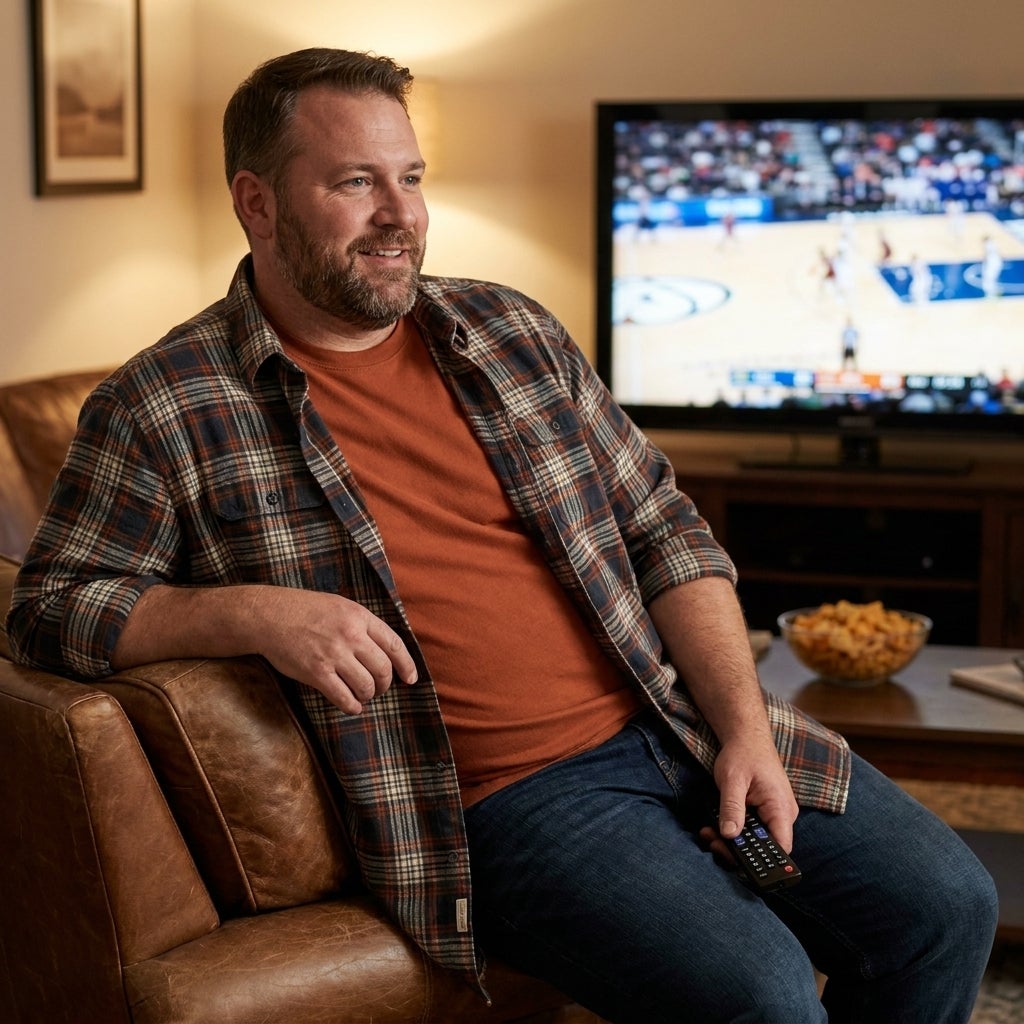 Big and tall man layering a plain crewneck tee under an open flannel shirt for a casual game-day look