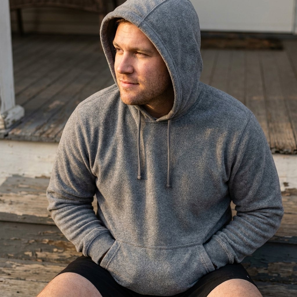 Big and Tall man wearing a fleece pullover hoodie with the hood up on a porch